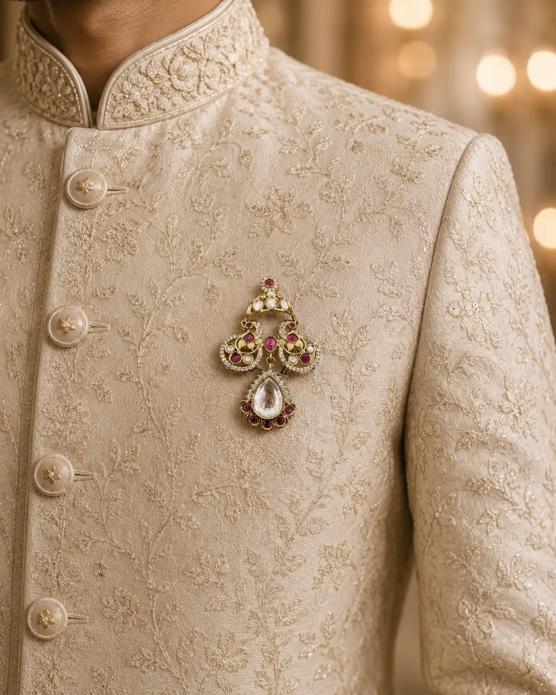Pink Kundan Teardrop Groom Brooch