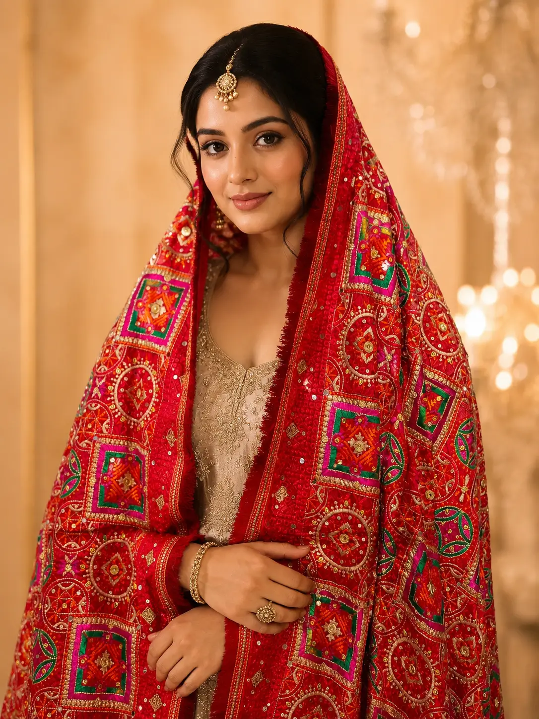 Royal Red Phulkari Mirror Work Dupatta