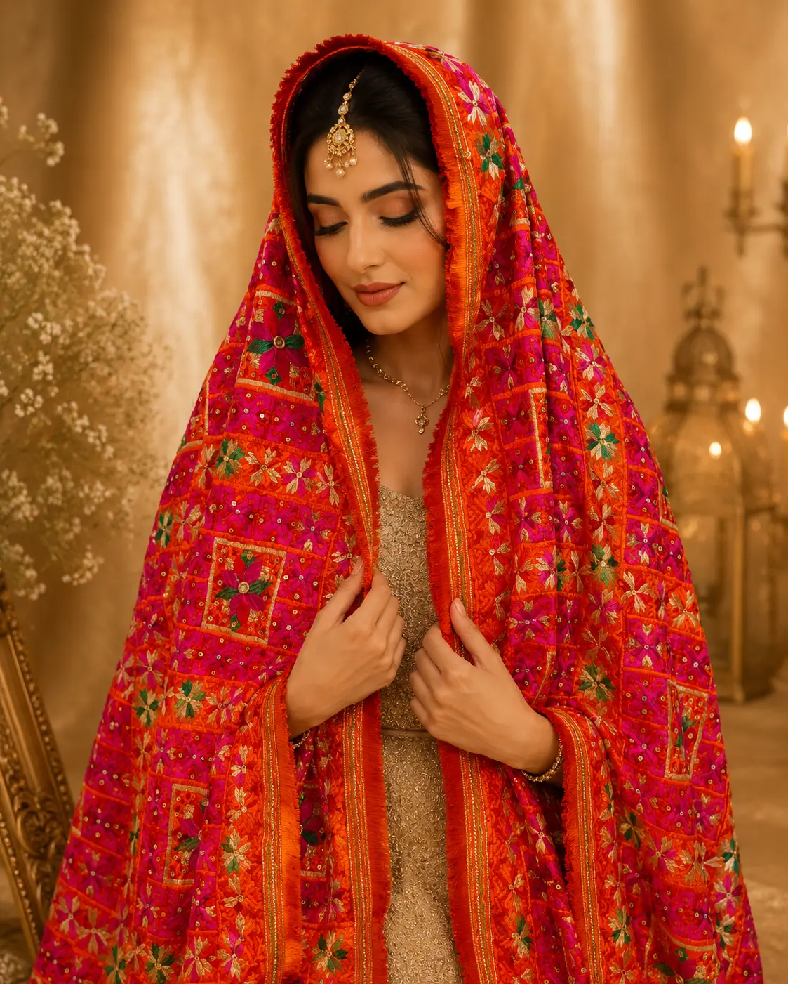 Orange Phulkari Mirror Work Dupatta