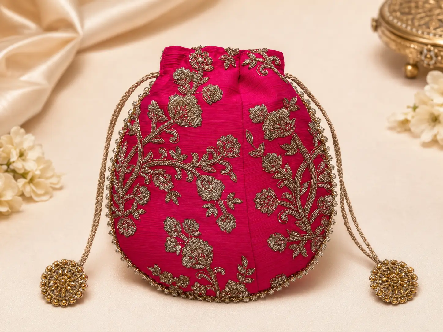 Rani Pink Floral Zardozi Potli