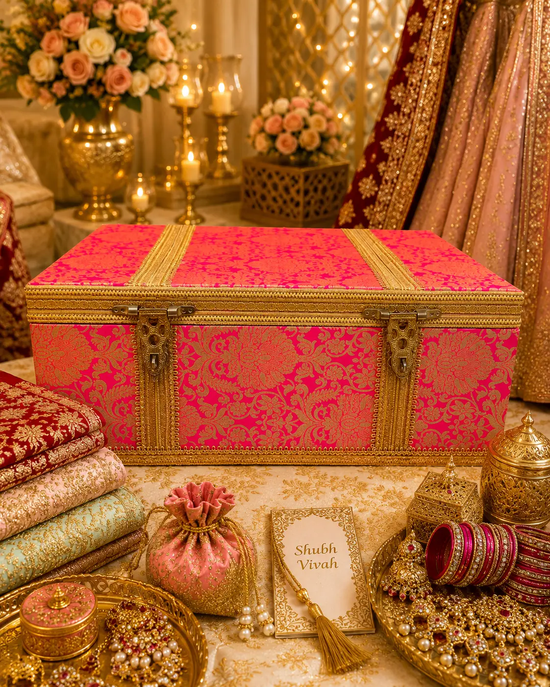 Royal Pink Brocade Bridal Trousseau Trunk
