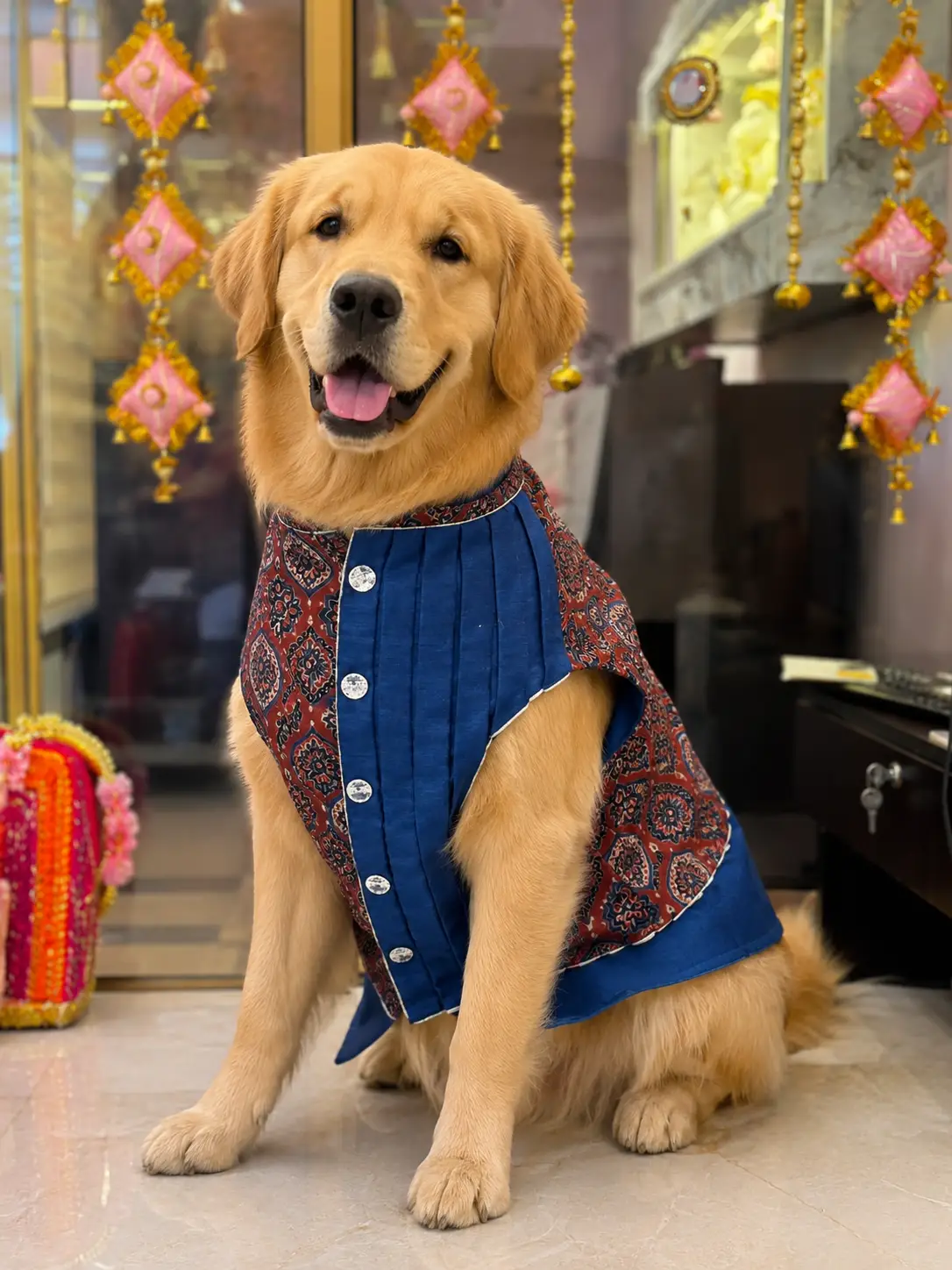 Blue Ajrak Print Dog &  Cat Shervani