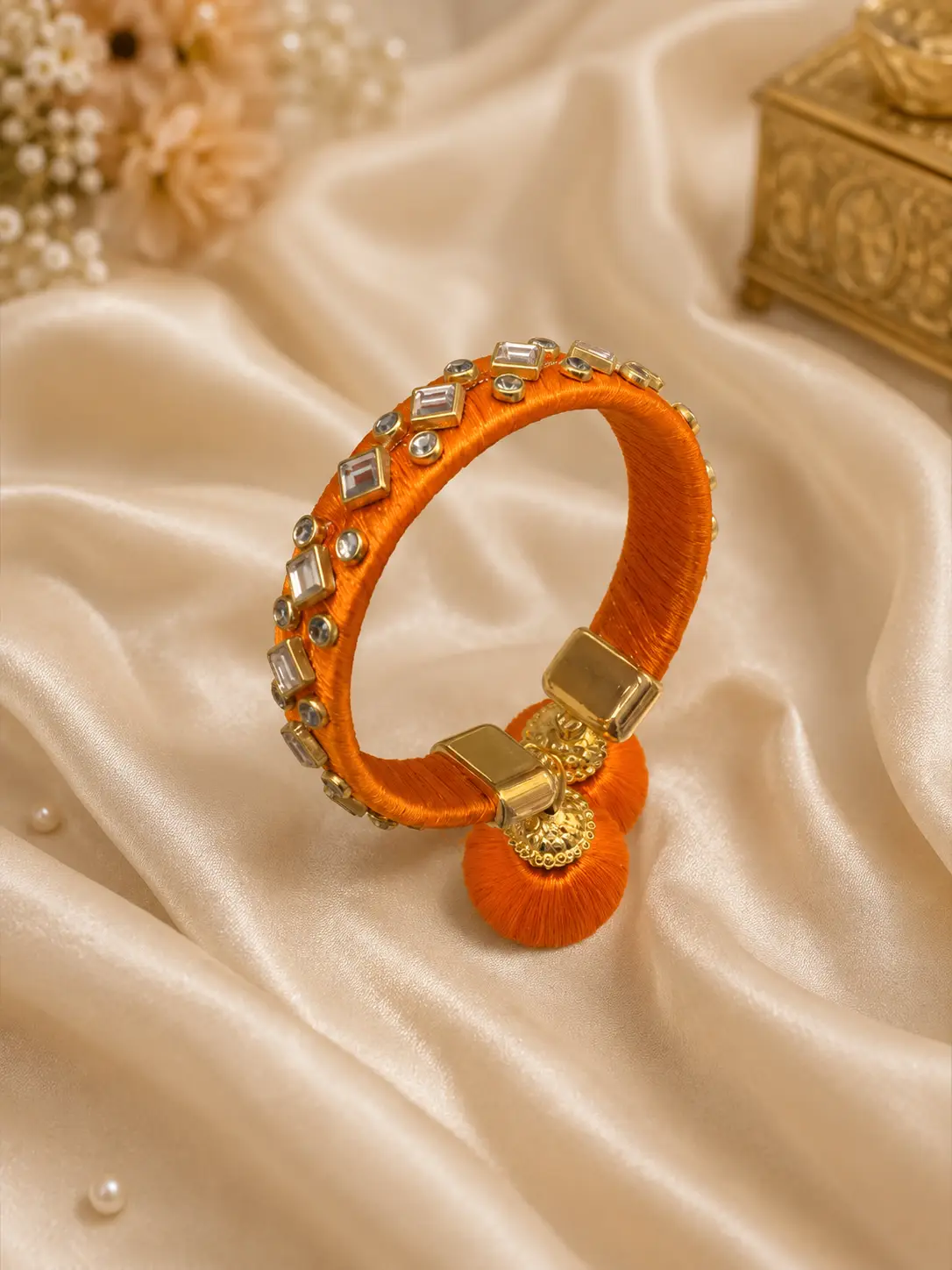 Orange Silk Thread Kundan Bangle