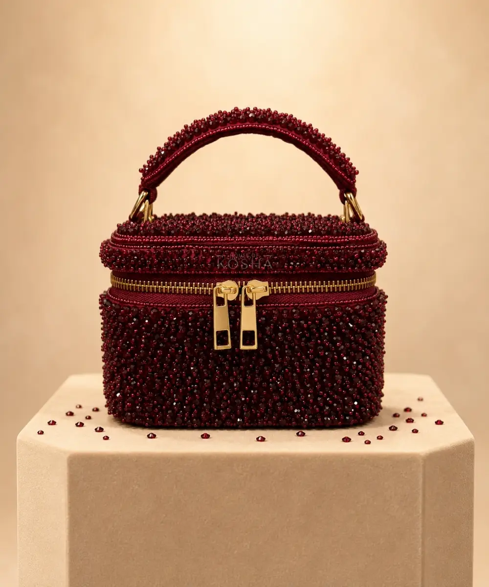 Ziya Maroon Suede Embroidered Vanity Bag