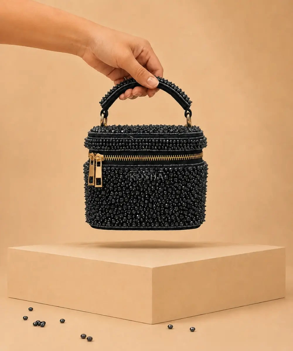 Ziya Navy Blue Suede Embroidered Vanity Bag