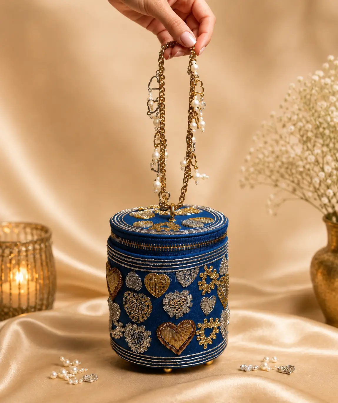 Denim Embroidered Cylinder Mini Bag