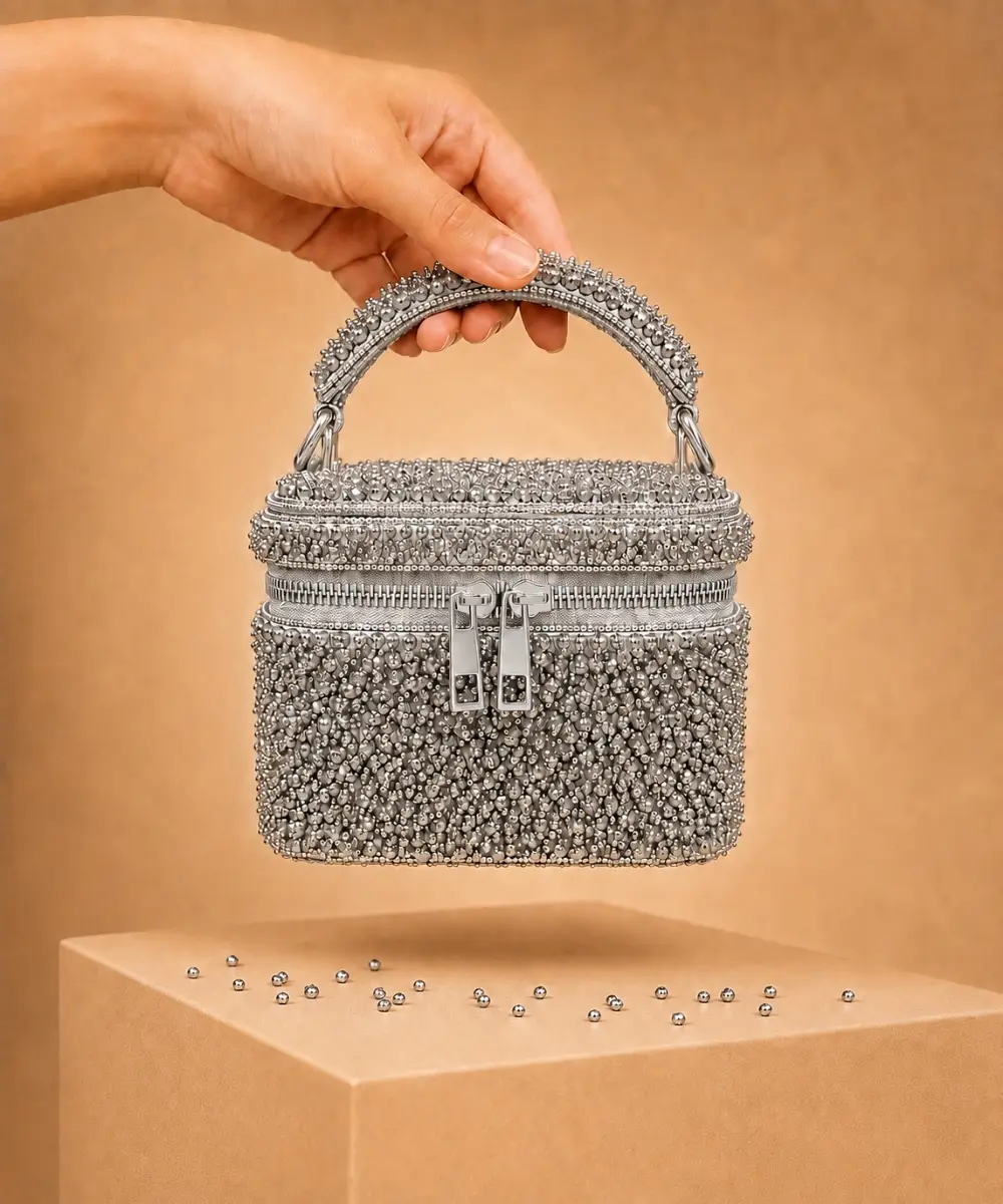 Silver Suede Embroidered Vanity Bag