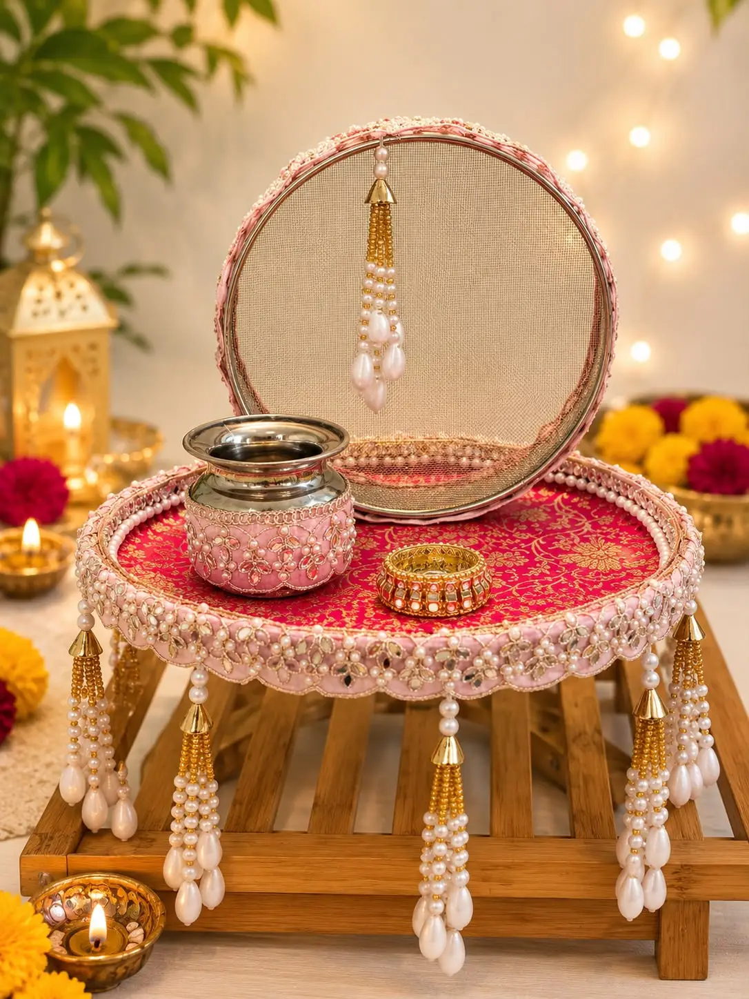 Pink Rangrez Karwa Thali Set