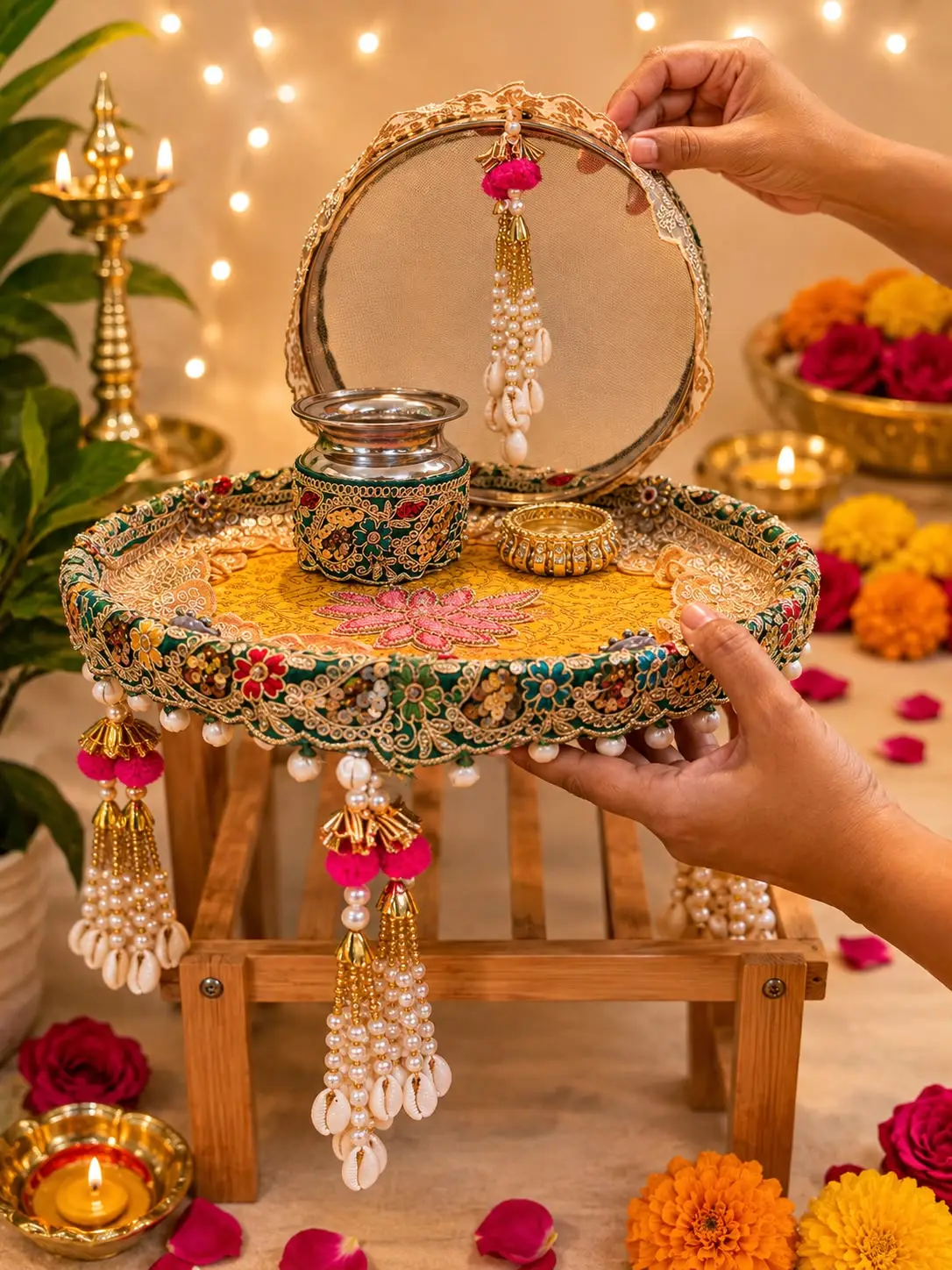 Green Zardozi karwa thali set