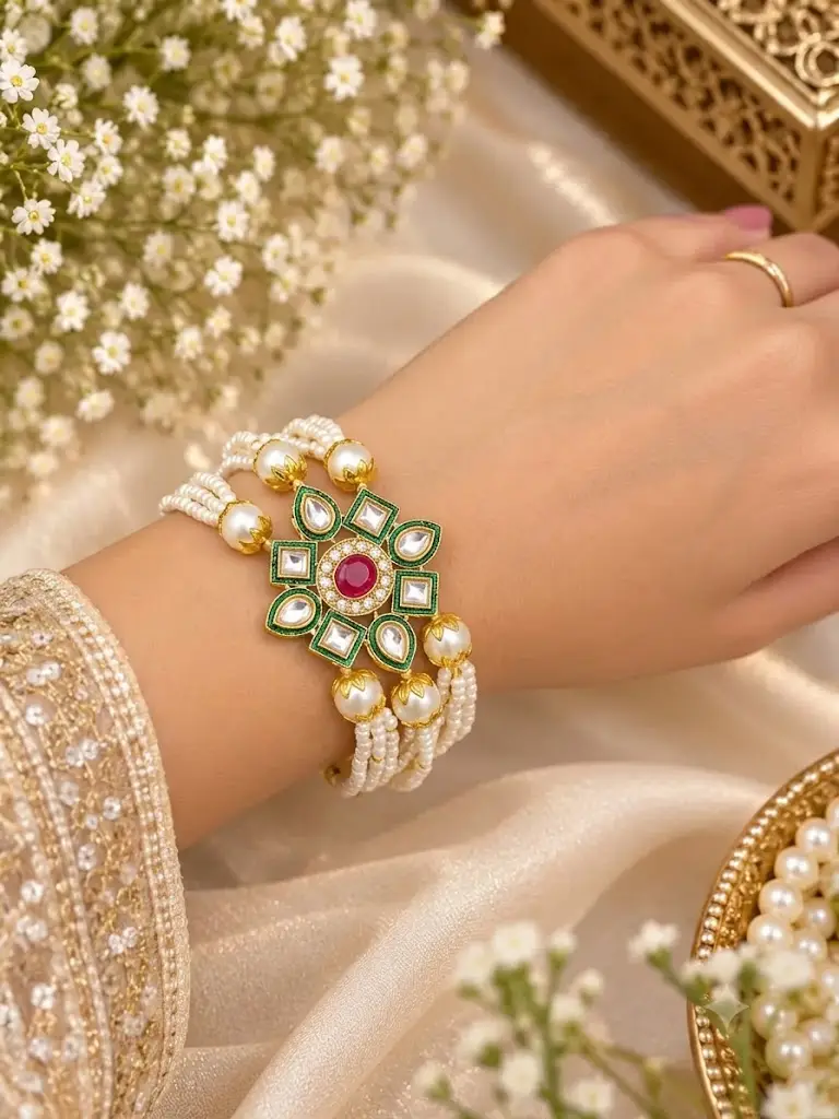 Emerald Kundan Pearl Bracelet