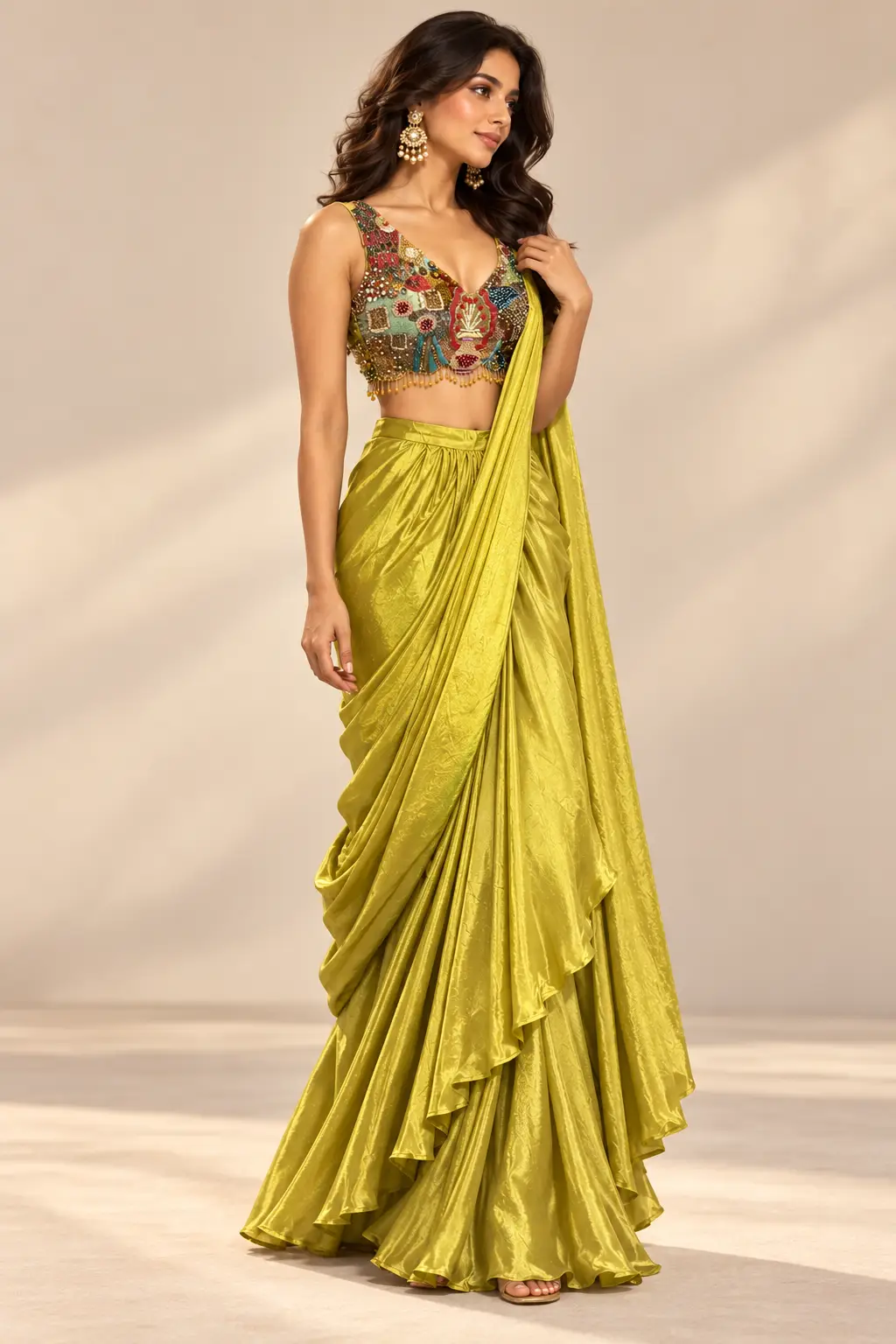 Green Pre-Draped Saree