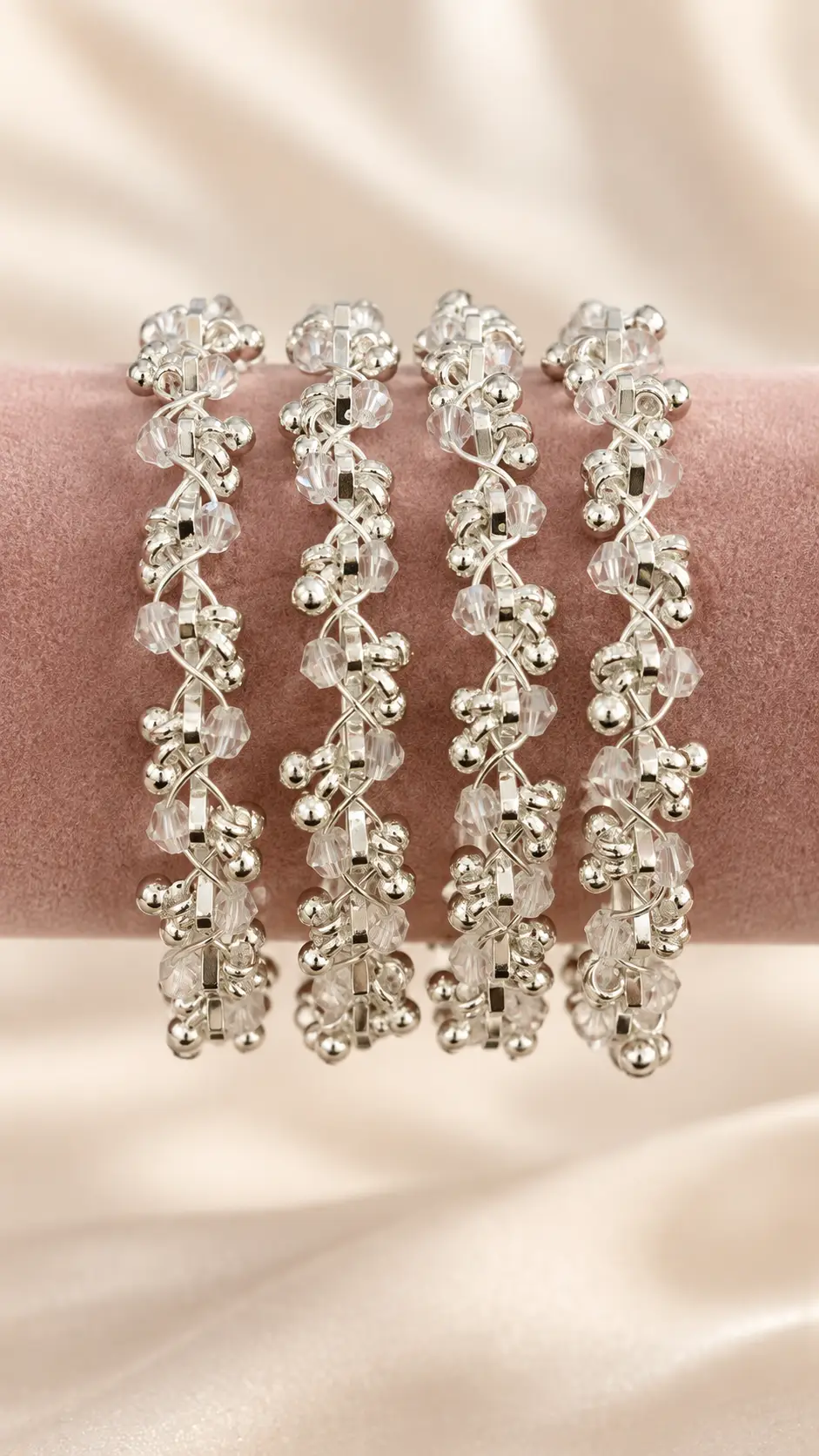 Silver Beaded Bangles (Pack of 4)