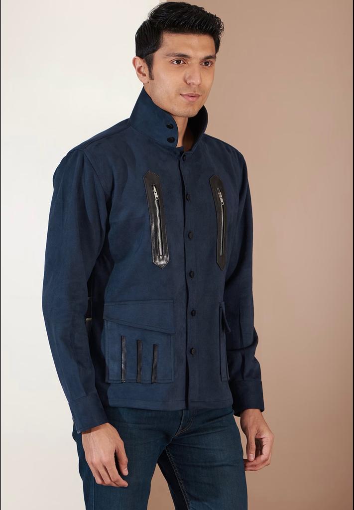Blue Suede Leather Patchwork Jacket