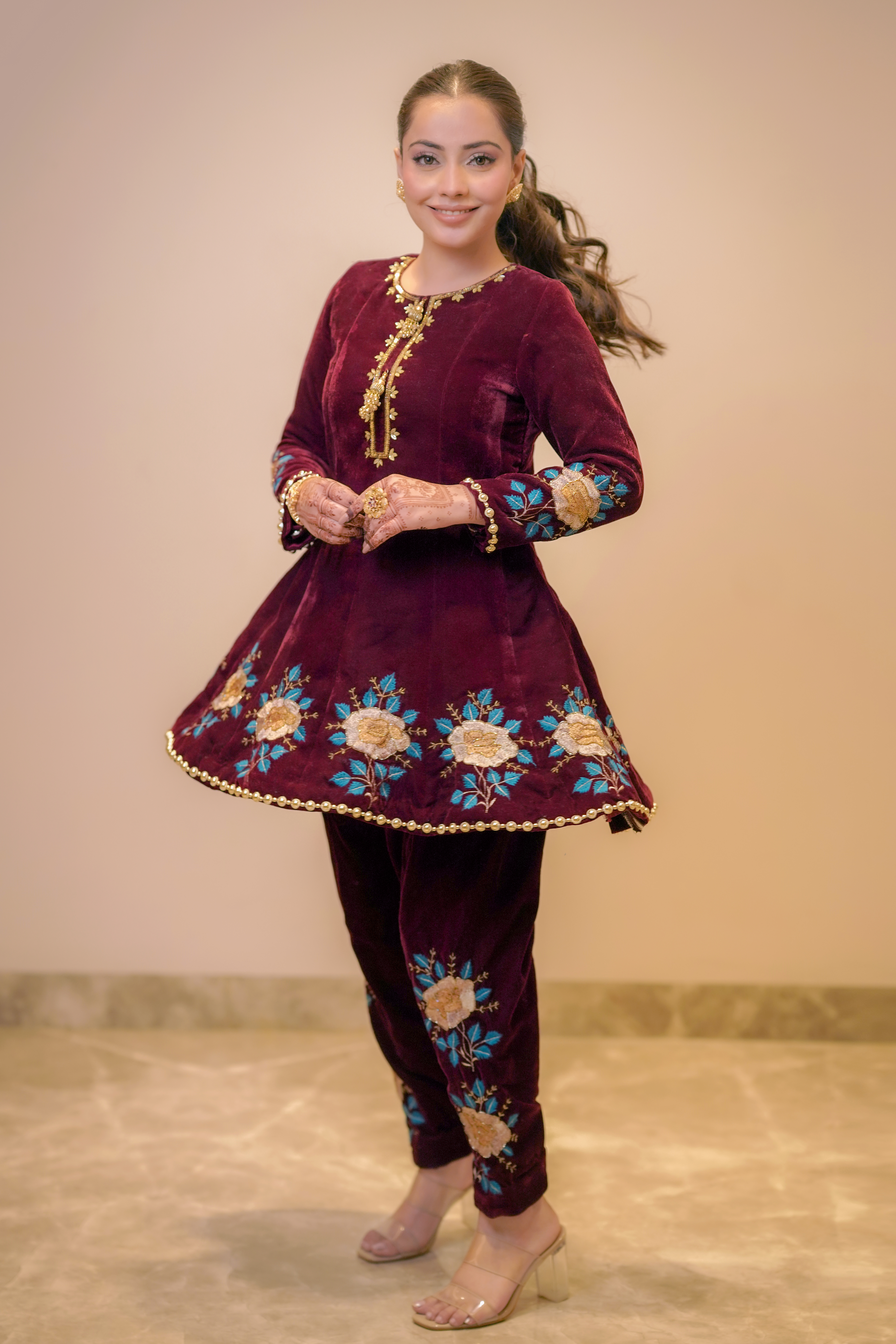 Maroon Turquoise Floral Velvet Anarkali with Pants