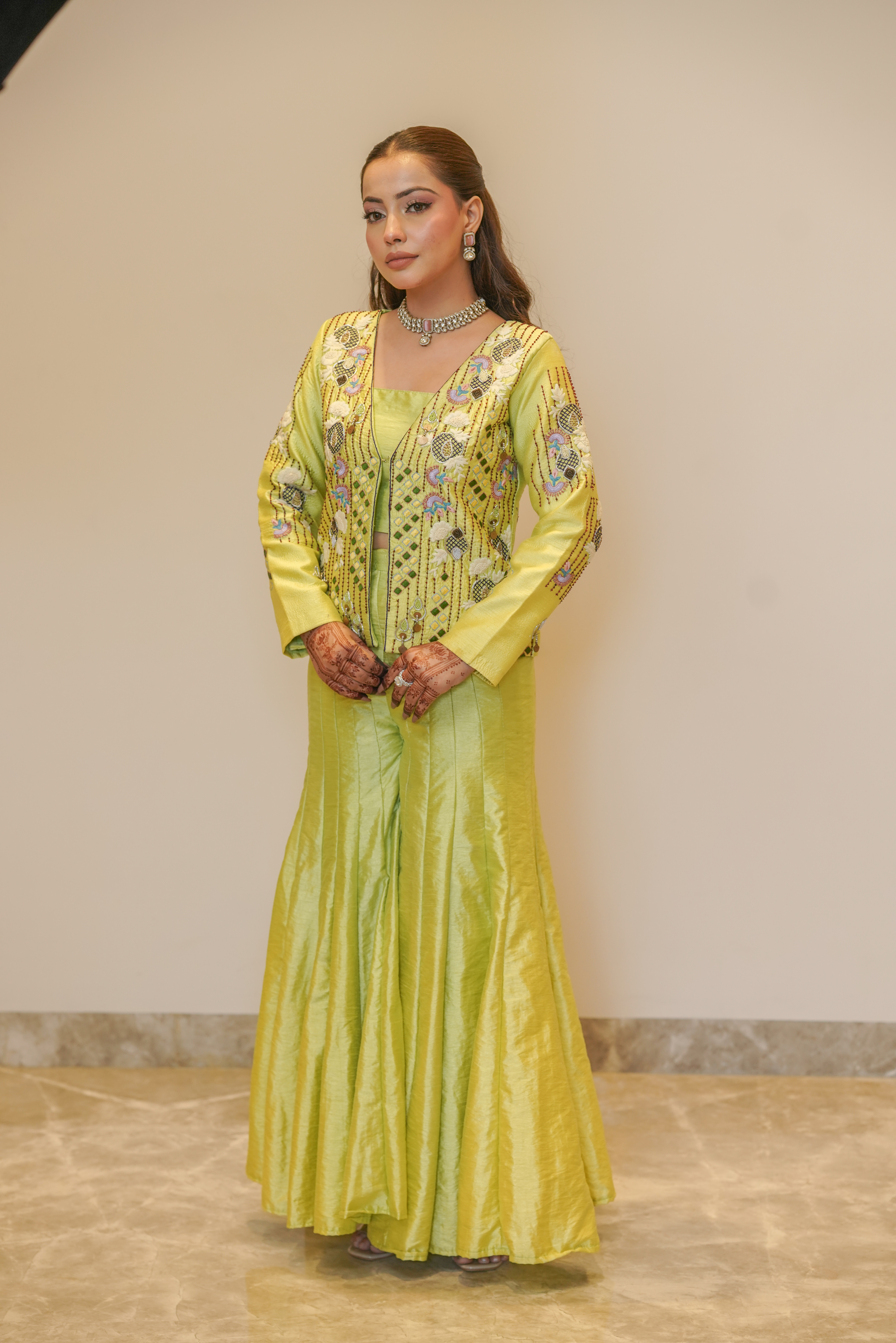 Lime Green 3 Piece Jacket Sharara Set