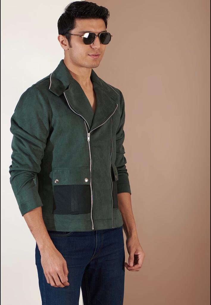 Green Suede Patchwork Zippered Jacket