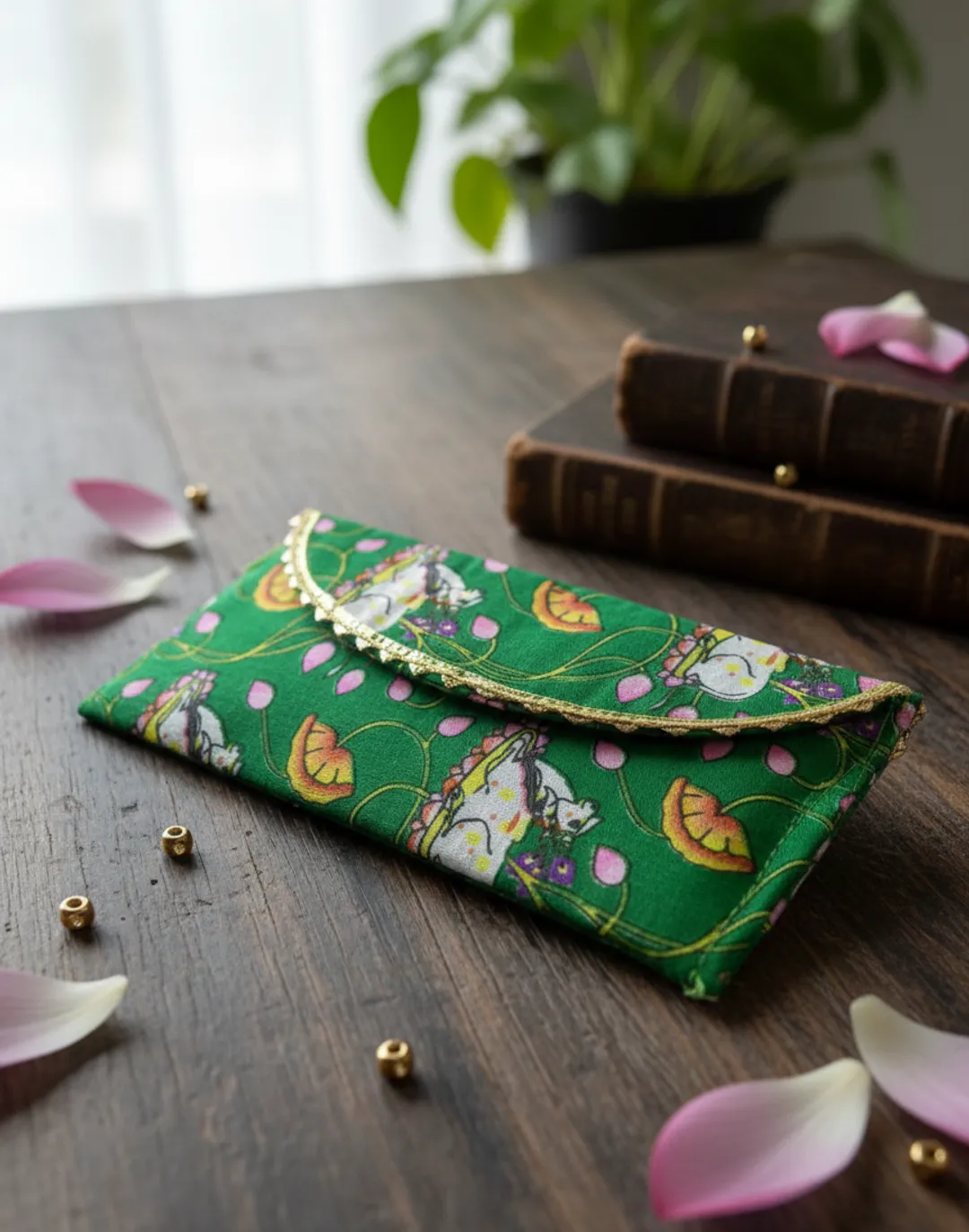 Handcrafted Green Floral Print Fabric Envelope Pouch