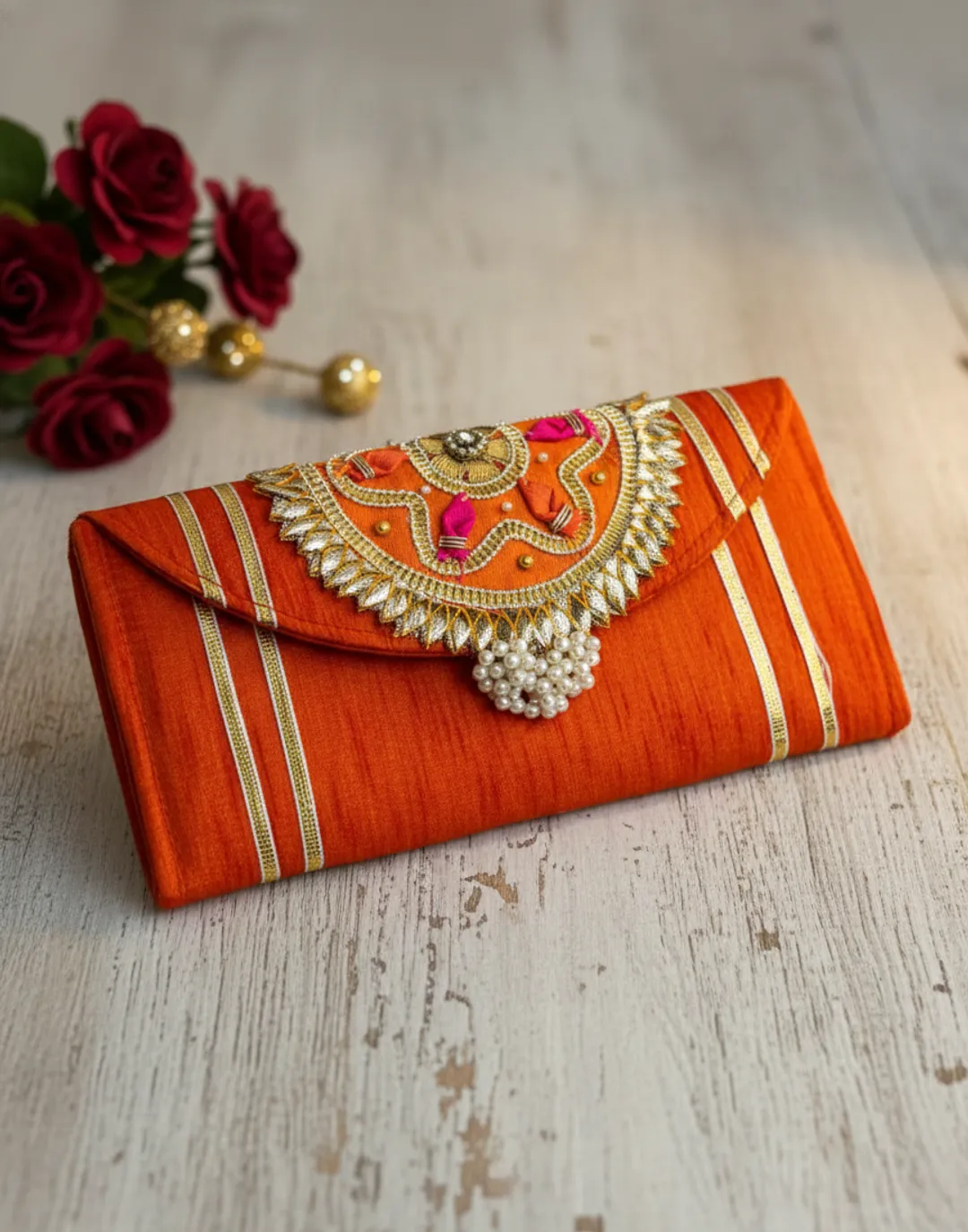 Orange Silk Embroidered Envelope