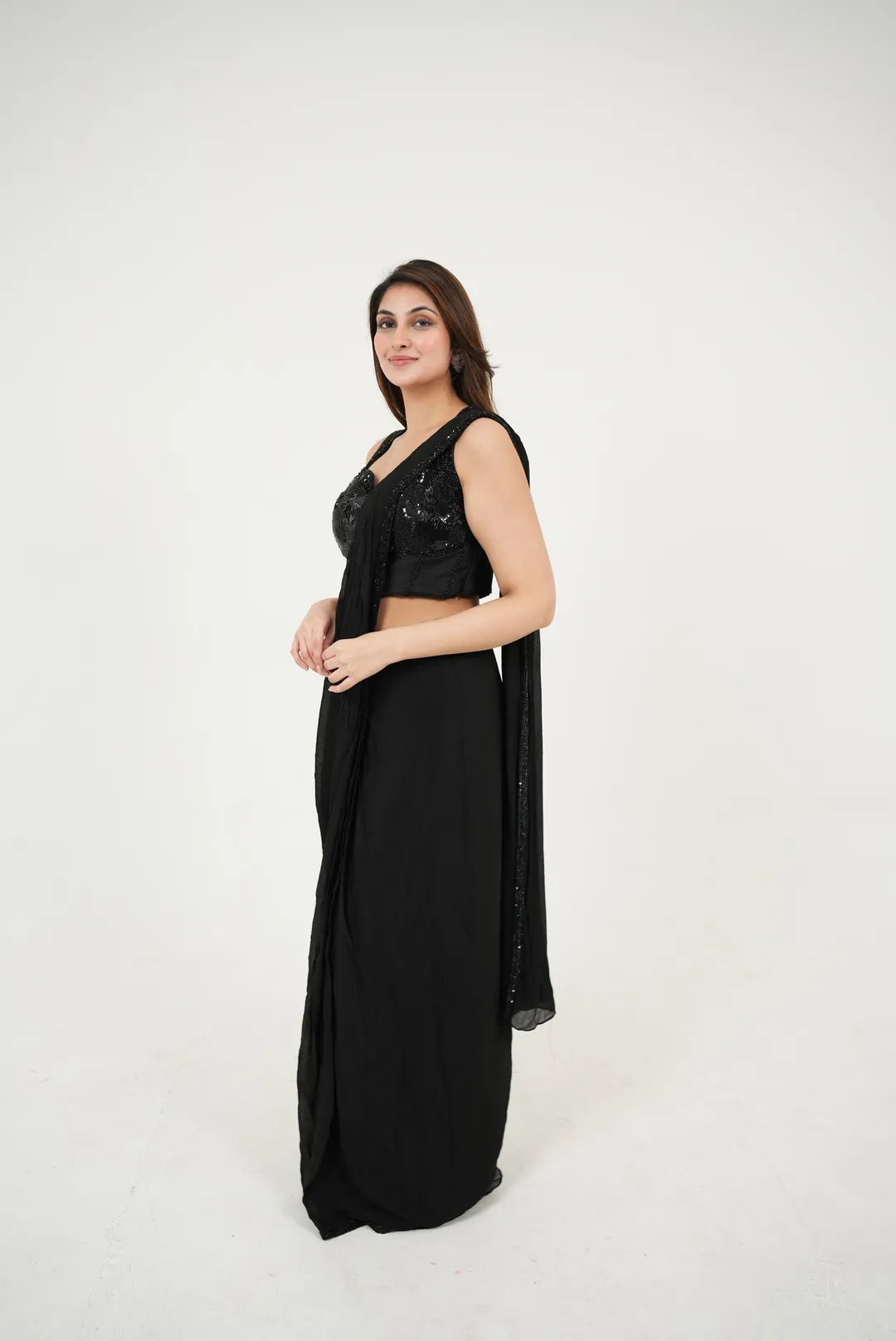Black Pre-Draped Saree