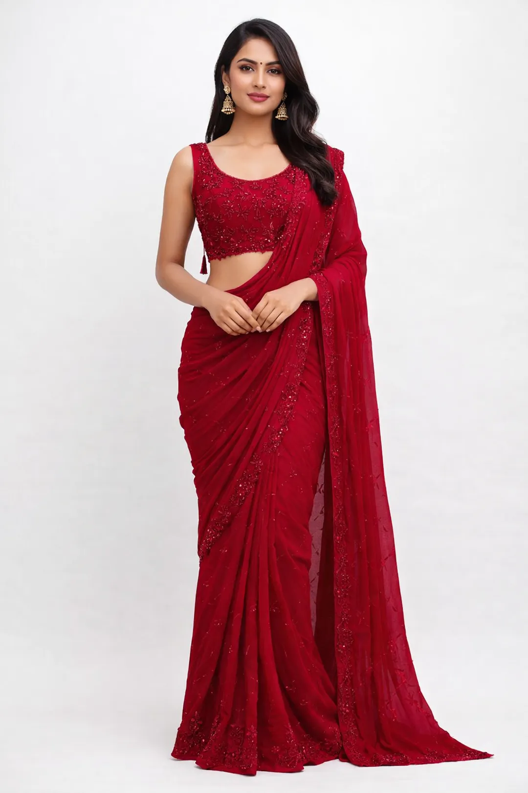 Red Pre-Draped Saree