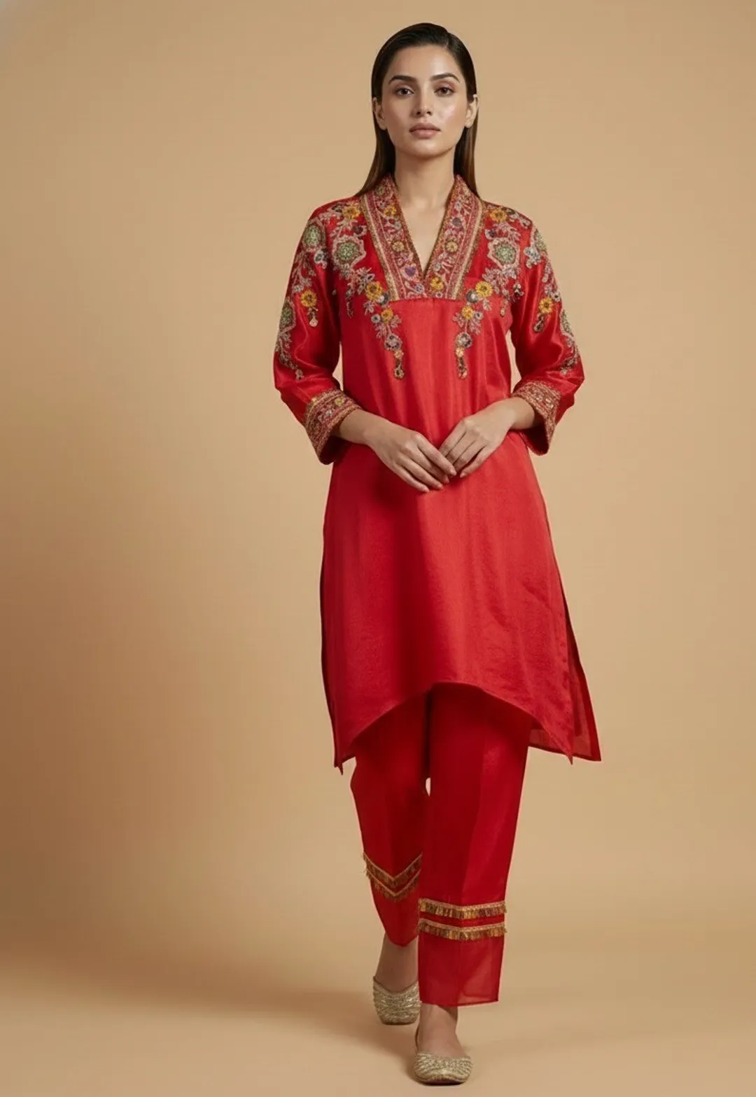Red Embroidered Kurta Set
