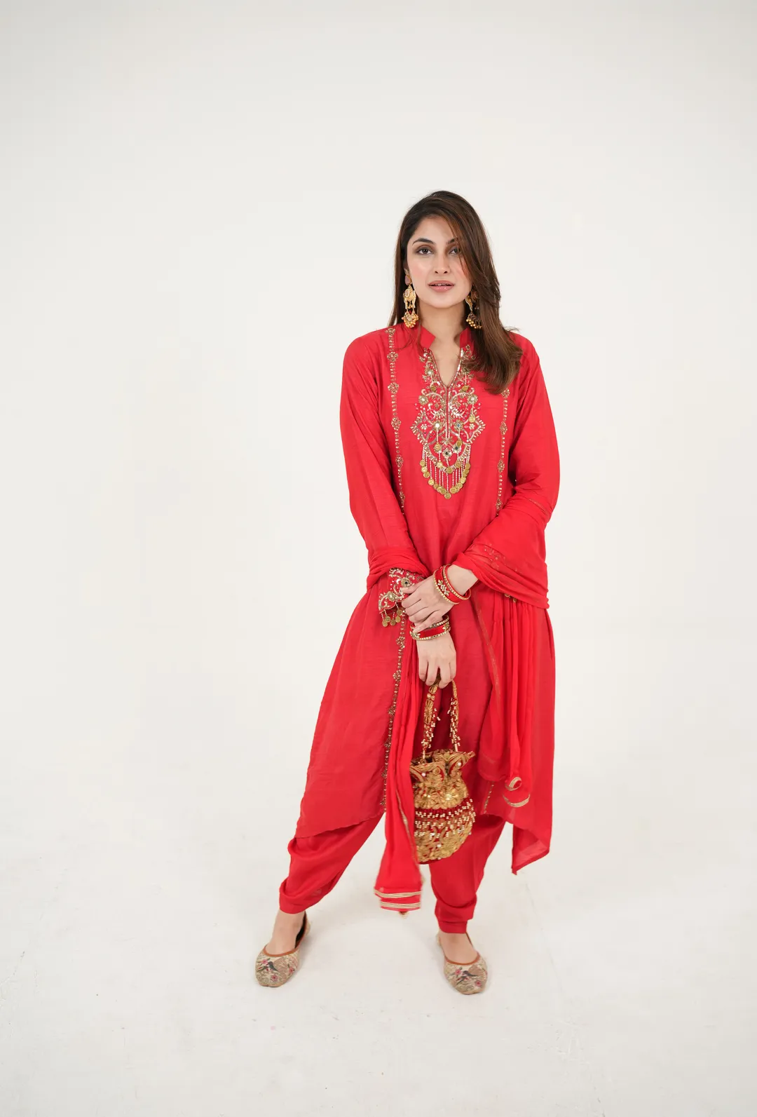 Red Embroidered High Low Suit