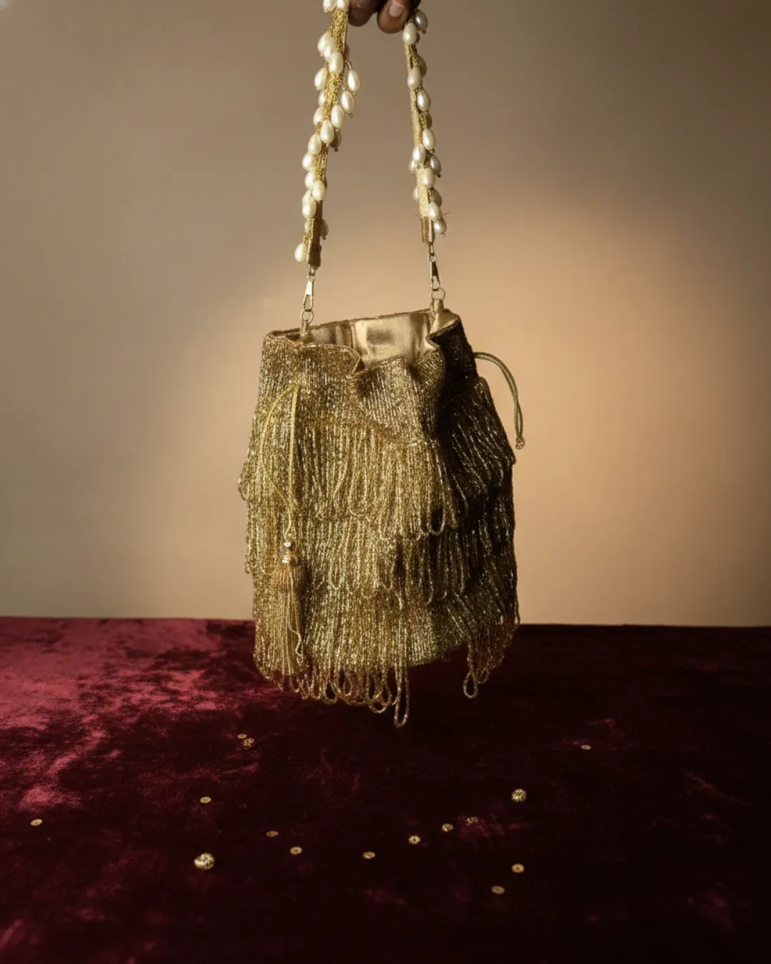 Golden Pearl Fringe Potli