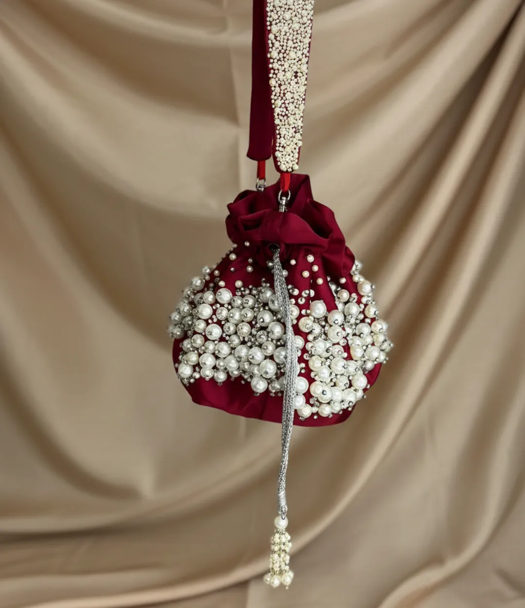 Maroon Pearl Designer Potli Bag