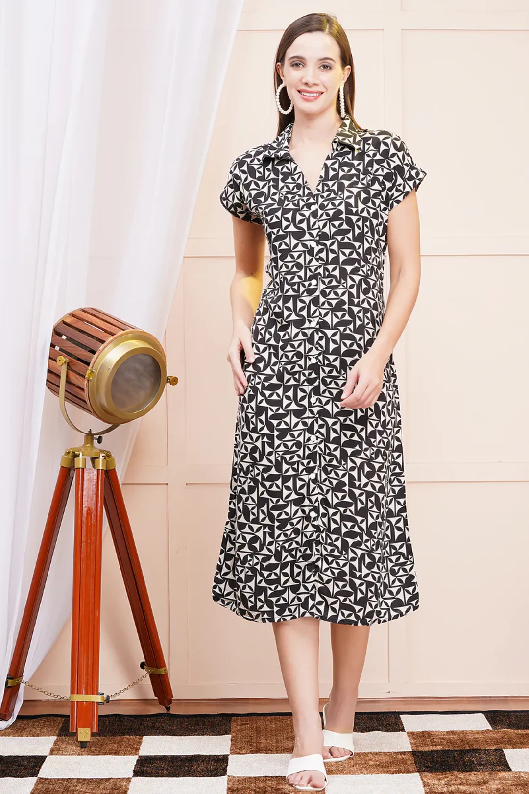 Monochrome Maze A-Line Shirt Dress