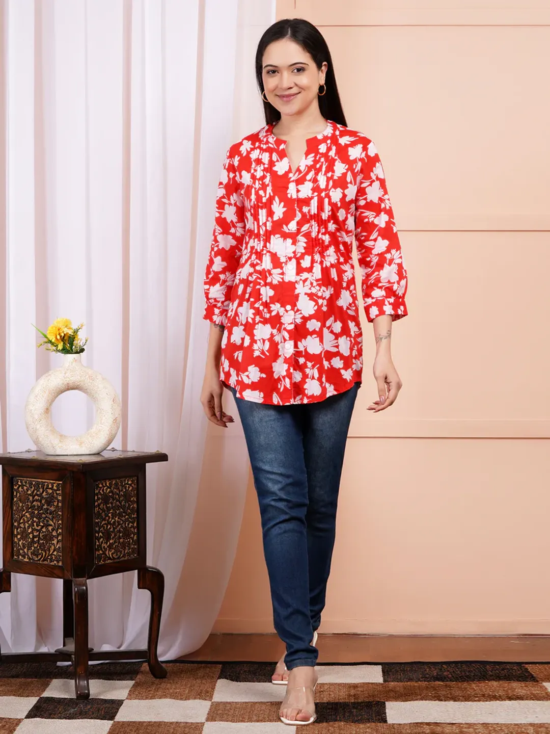 Tangerine Floral Pintucks Top