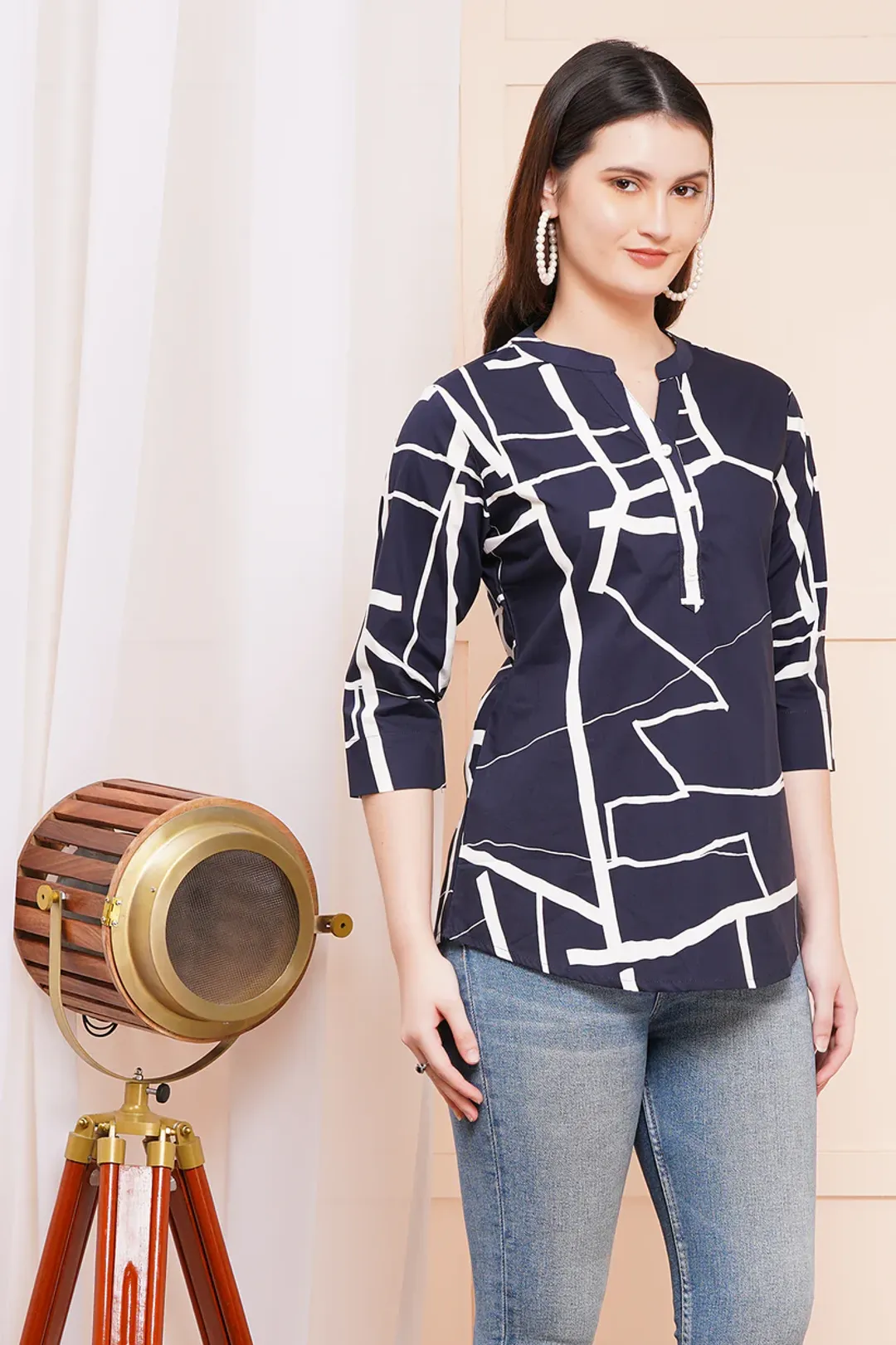Geometric Chic Navy-Blue Print Top