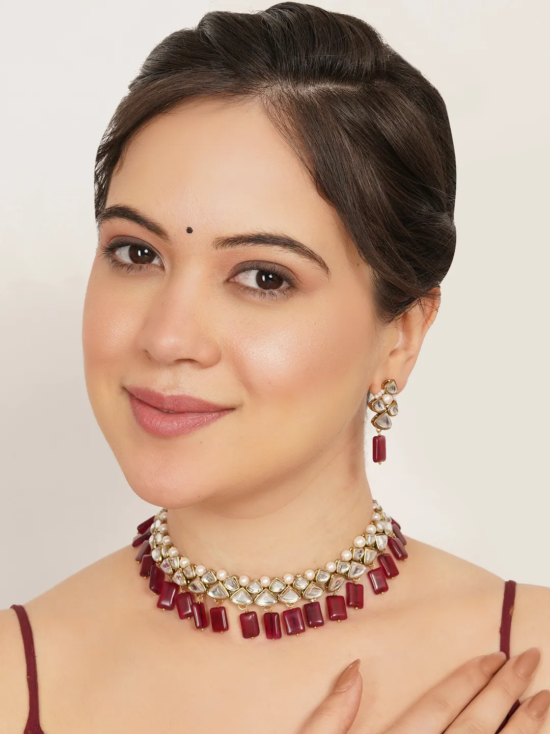 Ruby Kundan Drop Necklace Set With Matching Earrings
