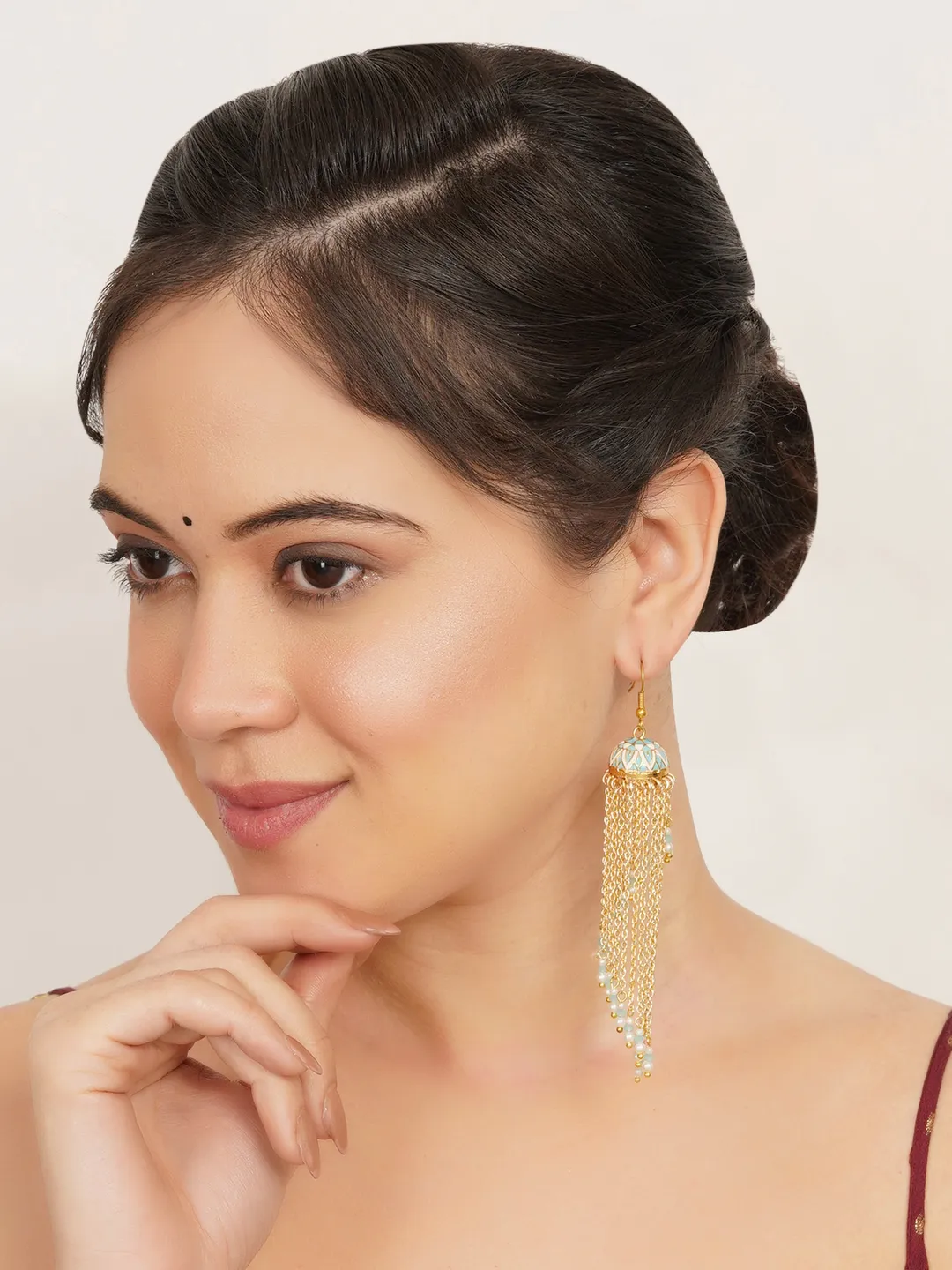 Meenakari Jhumkas with Cascading Bead Strands Earrings