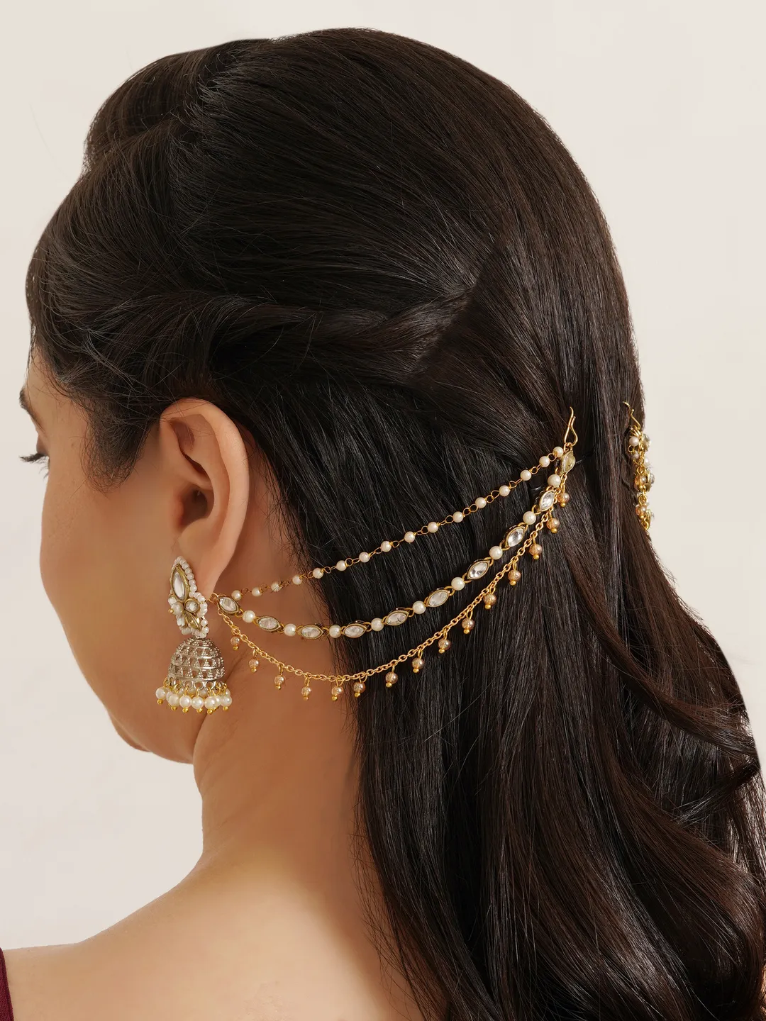 Kundan Pearl Layered Hair Chain with Golden Drops