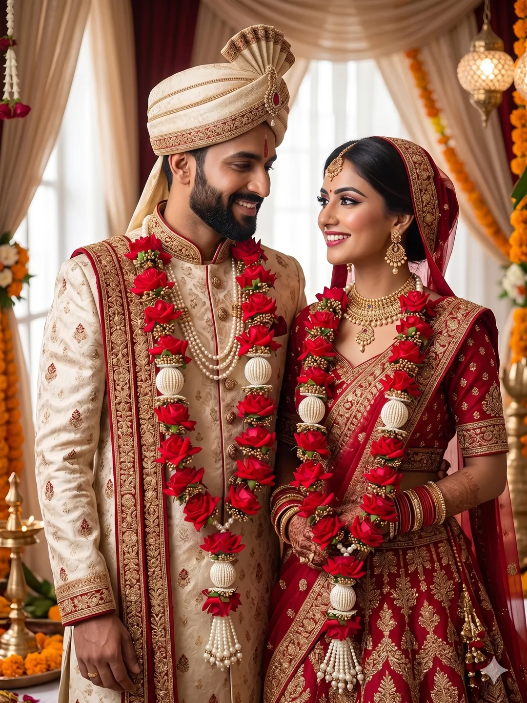 Red Floral Jaimala With Pearls (Pair)