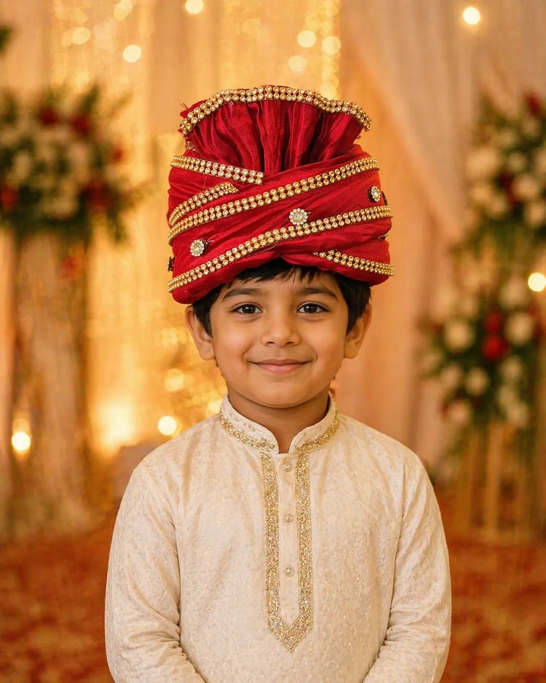 Red Beaded Royal Wedding Kids Pagdi