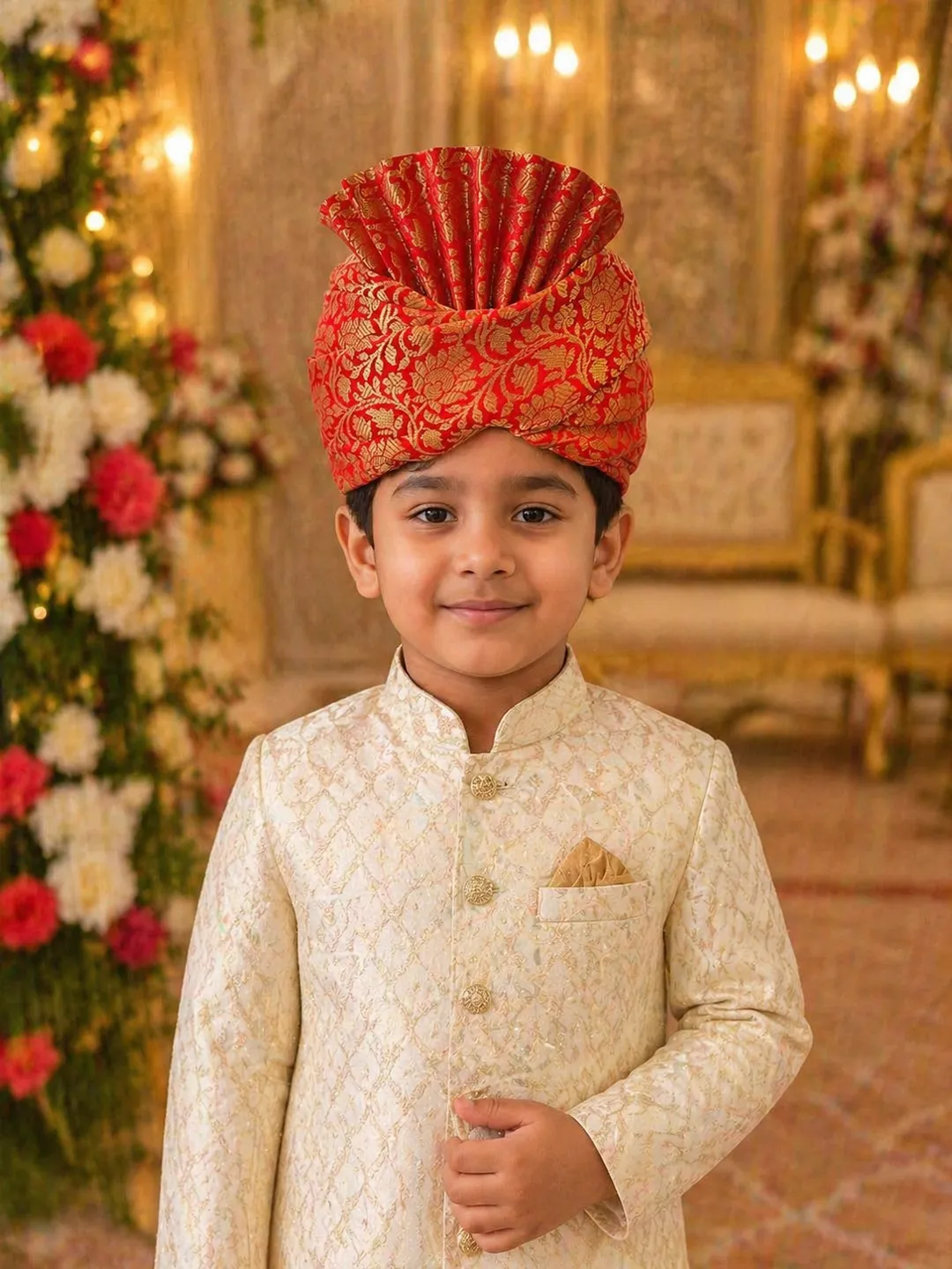 Red-Gold Brocade Fan-Style Sarbala Pagdi