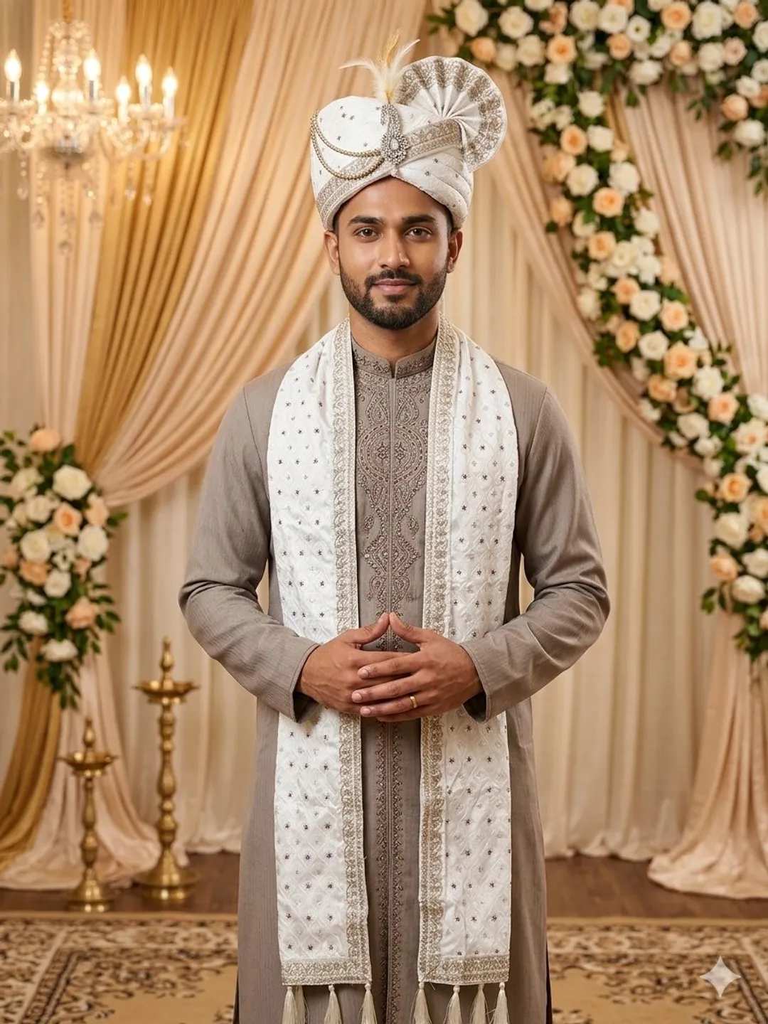 Royal Ivory Embellished Pagdi Set with Pearl Kalgi & Dupatta