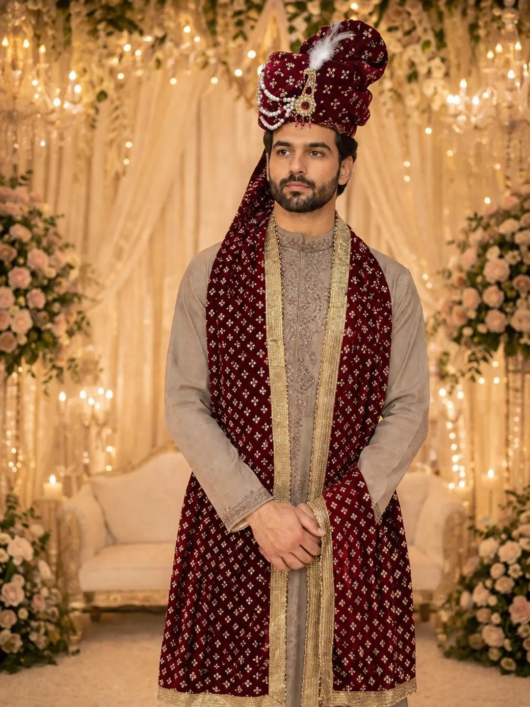 Royal Crimson Embroidered Pagdi Set with Feather Kalgi & Brocade Dupatta