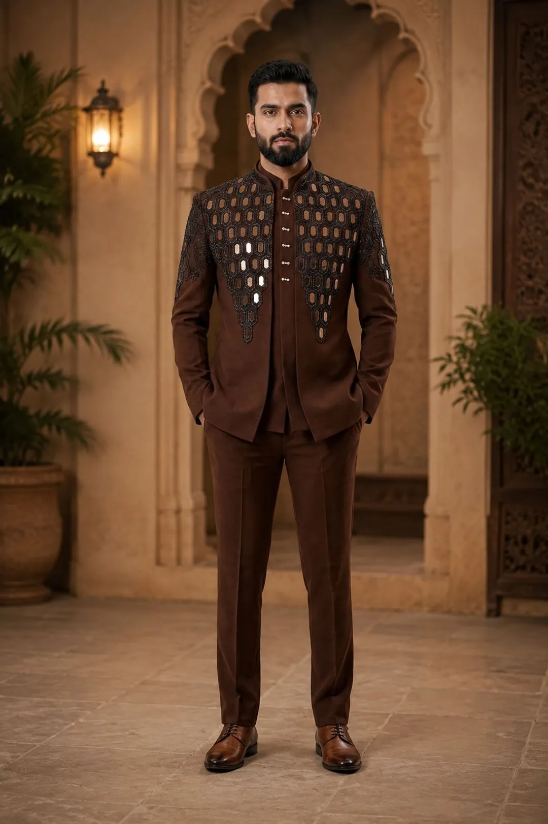Brown Mirror Bandhgala Set