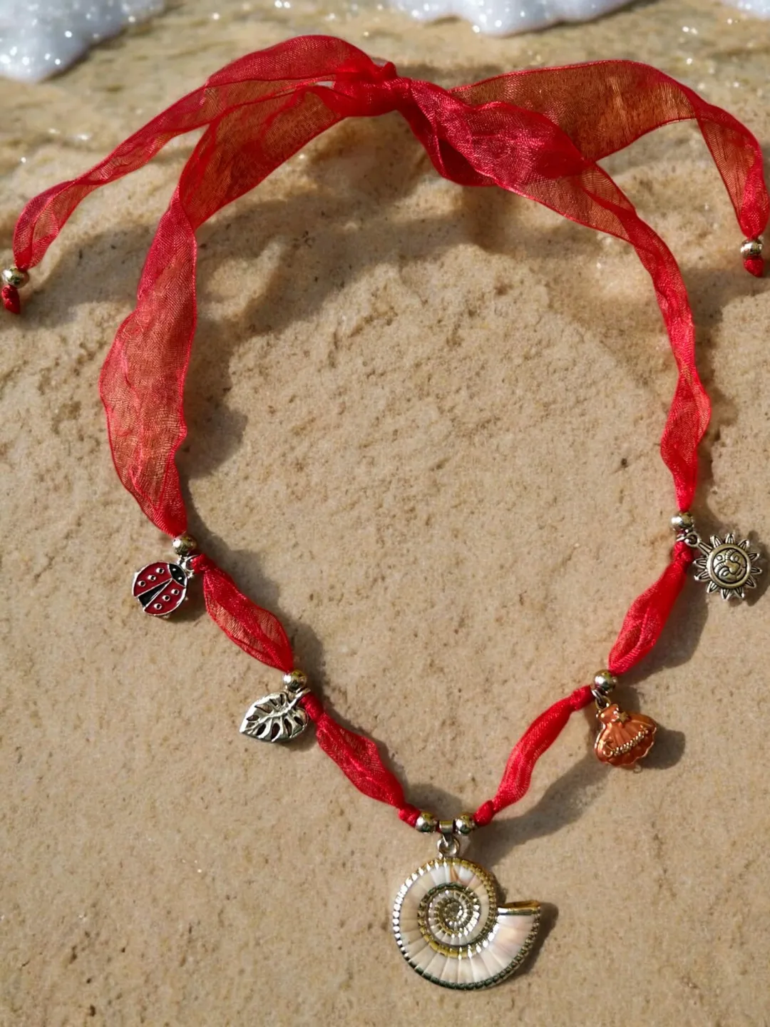 Red Ribbon Charm Necklace