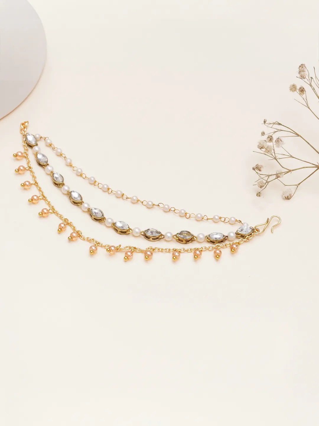 Kundan Pearl Layered Single Hair Chain with Golden Drops