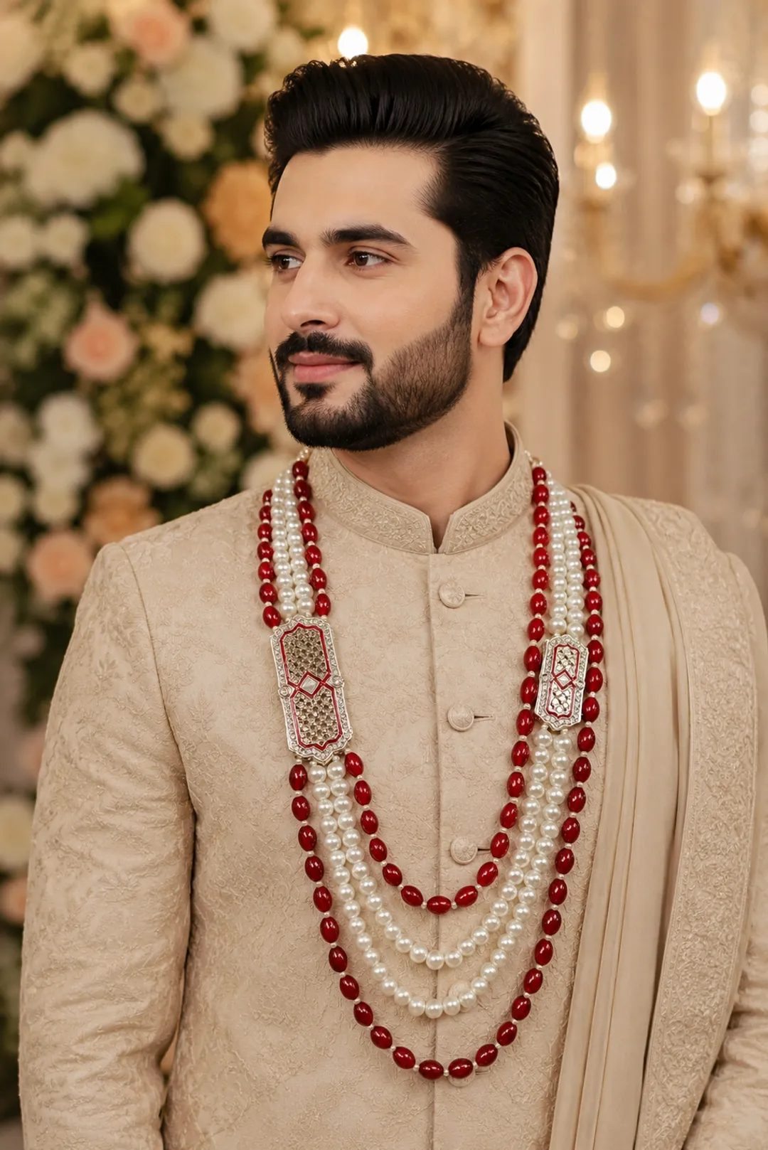 Red Premium Pearl Sherwani Mala
