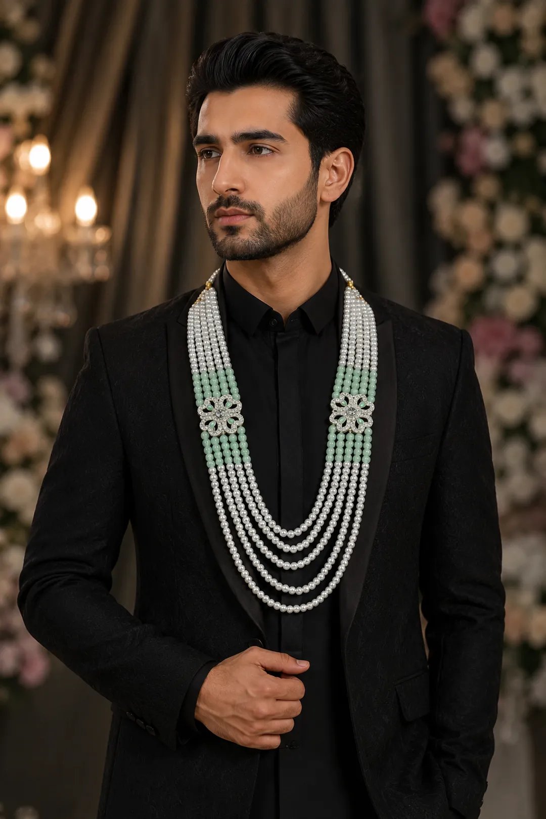 Mint and Pearl Groom's Layered Necklace
