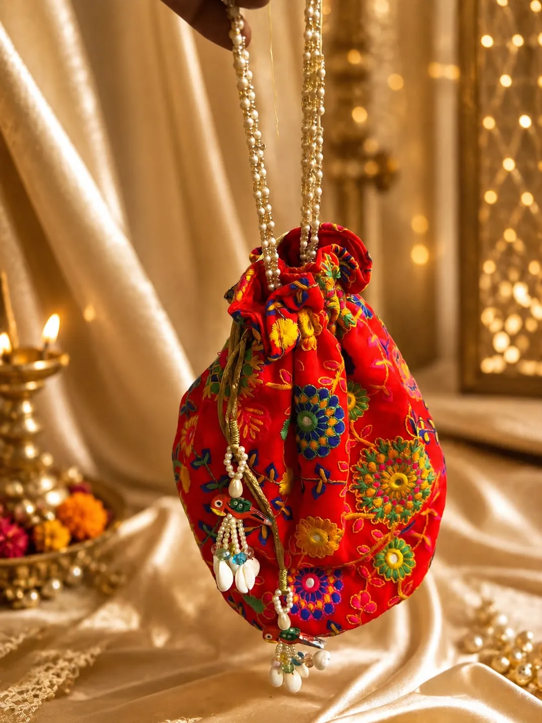 Red Embroidered Potli