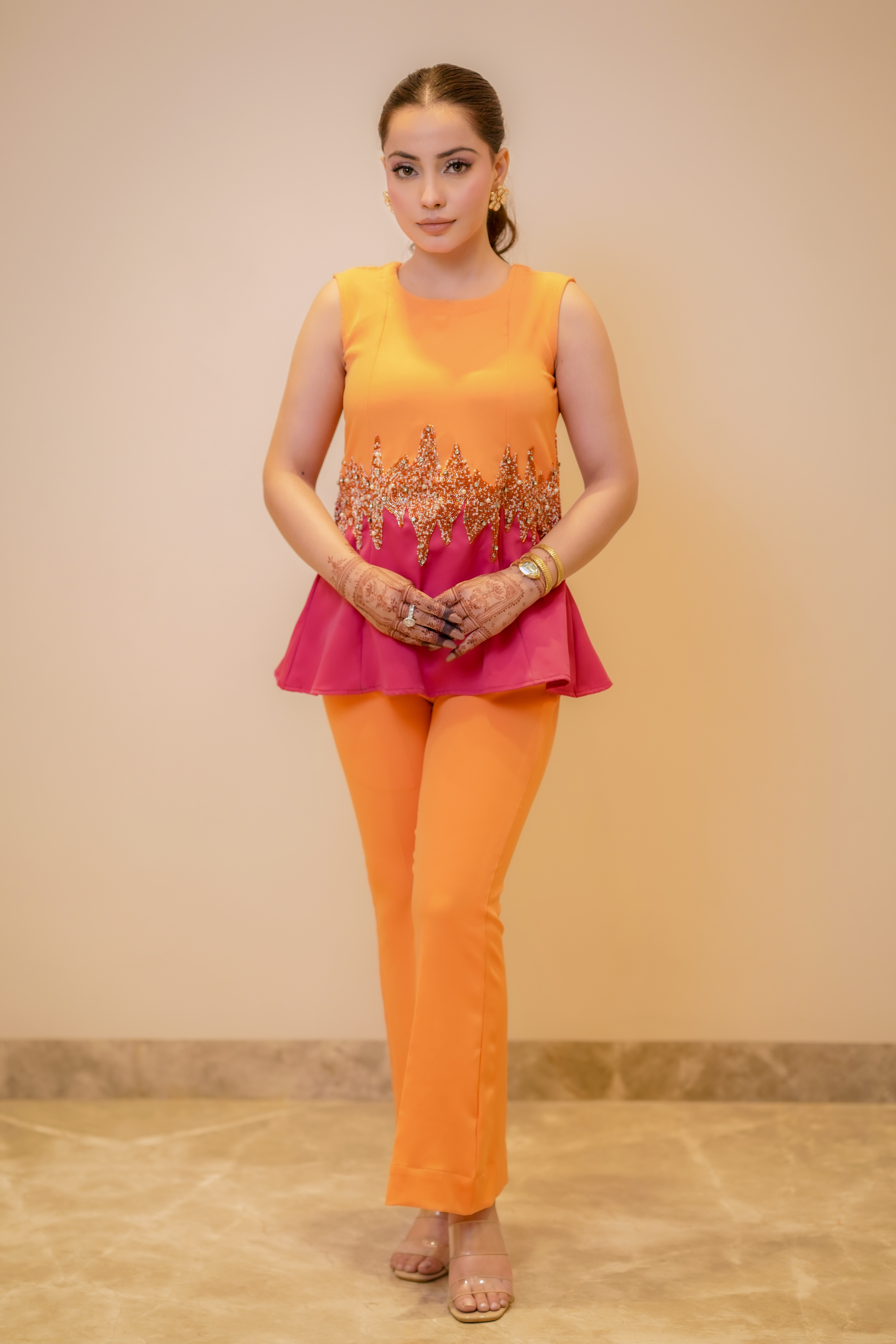 Pink Orange Waist Embroidered Cord Set