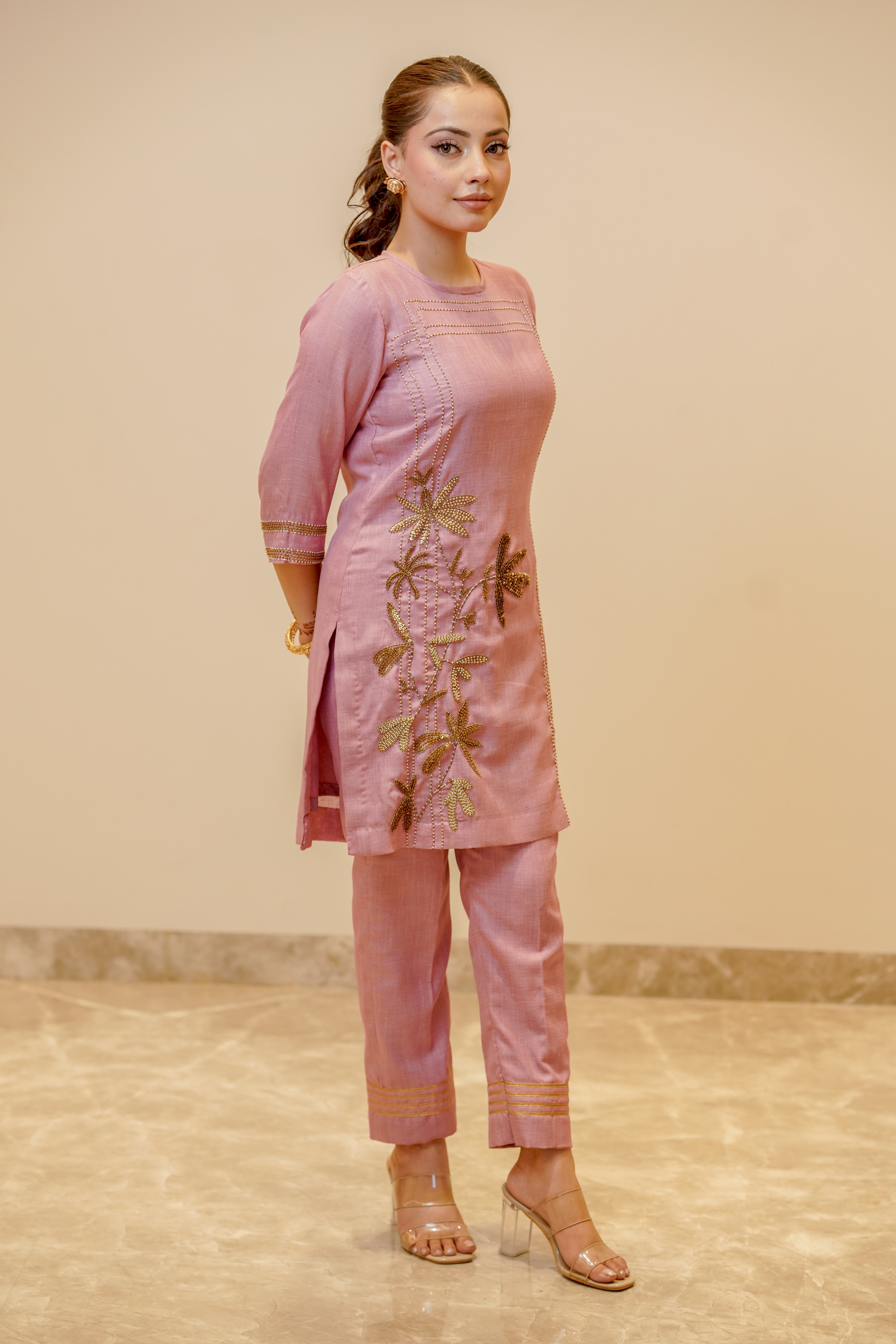 Pink Silk Hand Embroidered Floral Kurta Set