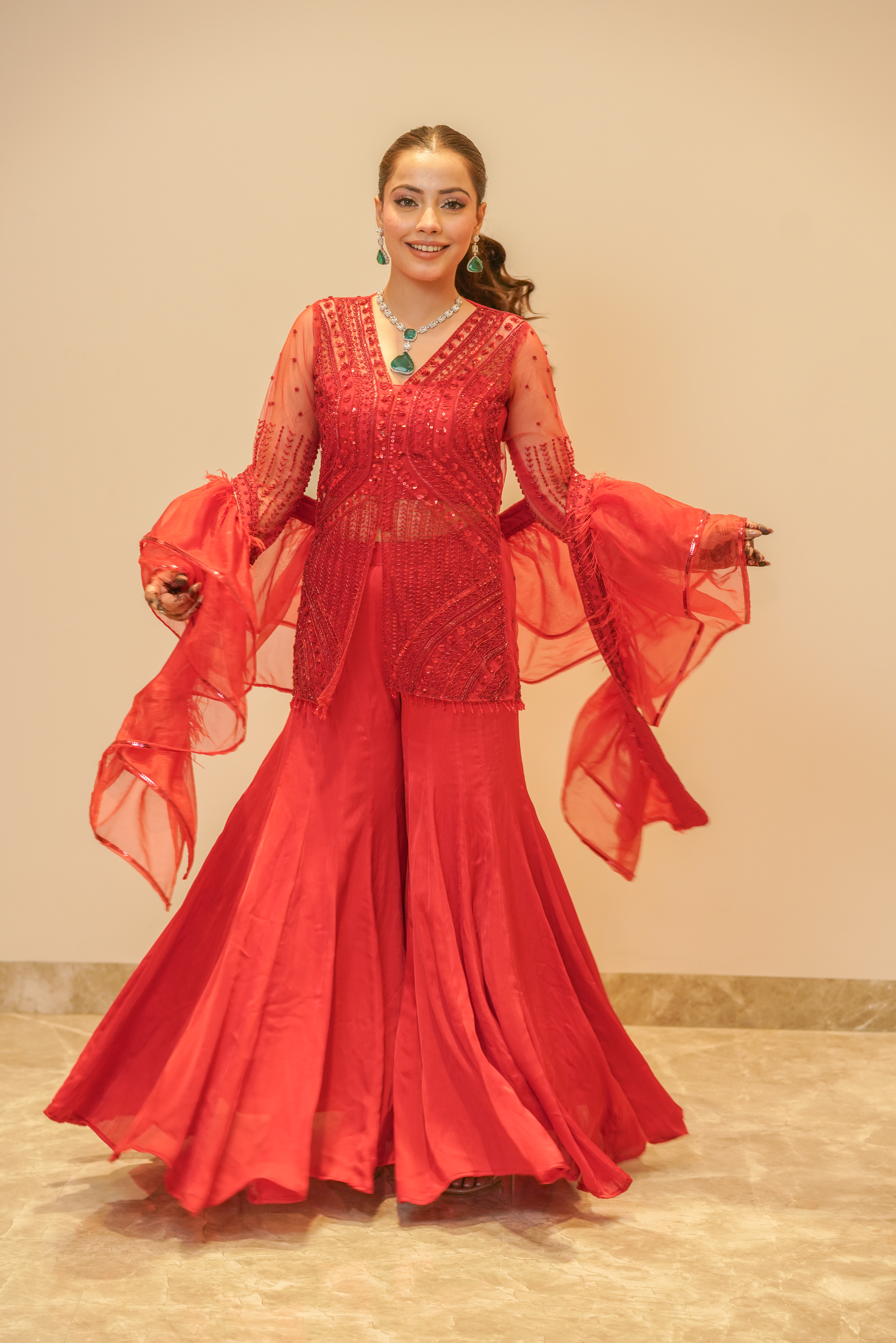 Blood Red Jacket Sharara with Ruffled Dupatta
