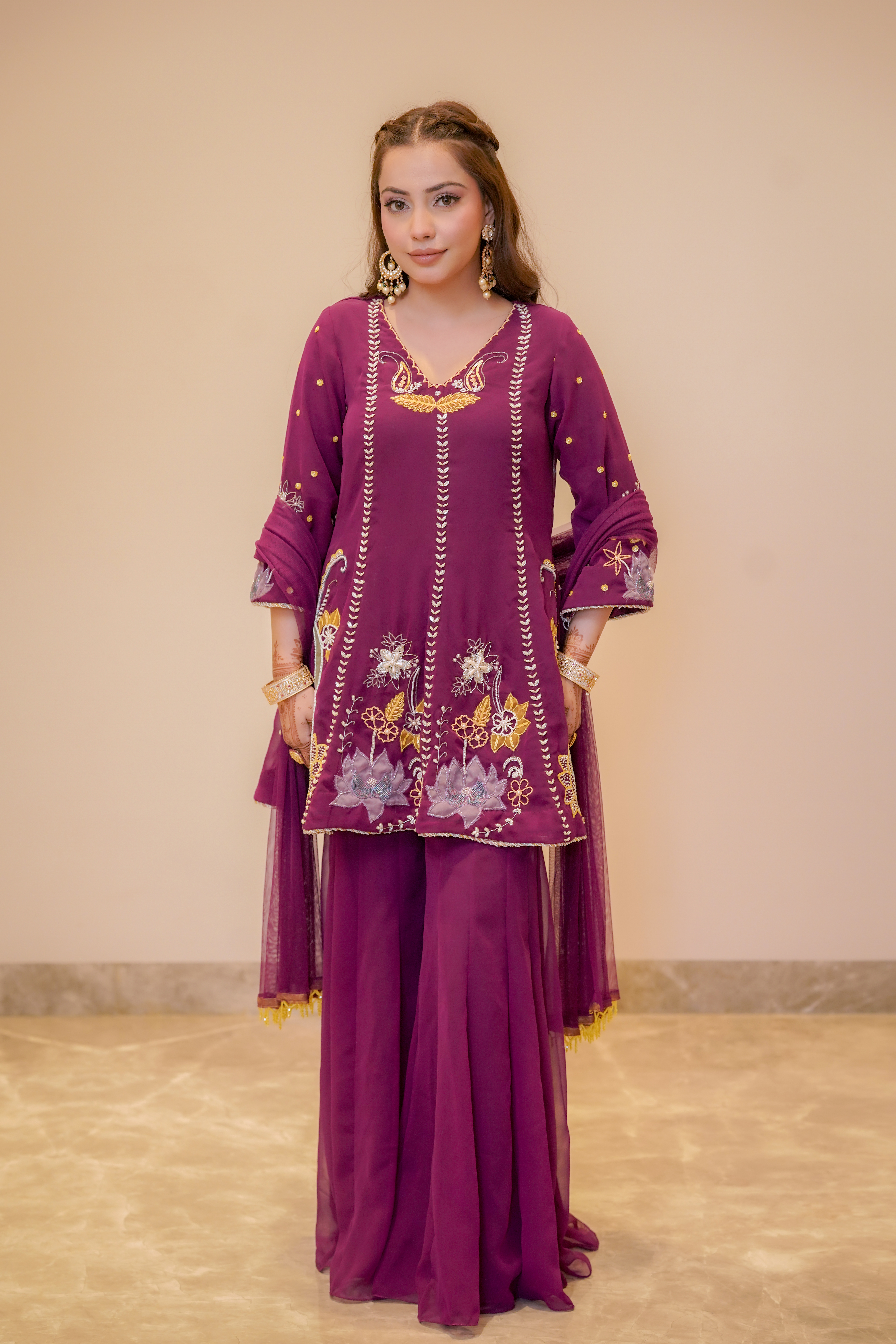 Wine Georgette Applique Kurta Sharara Set with dupatta