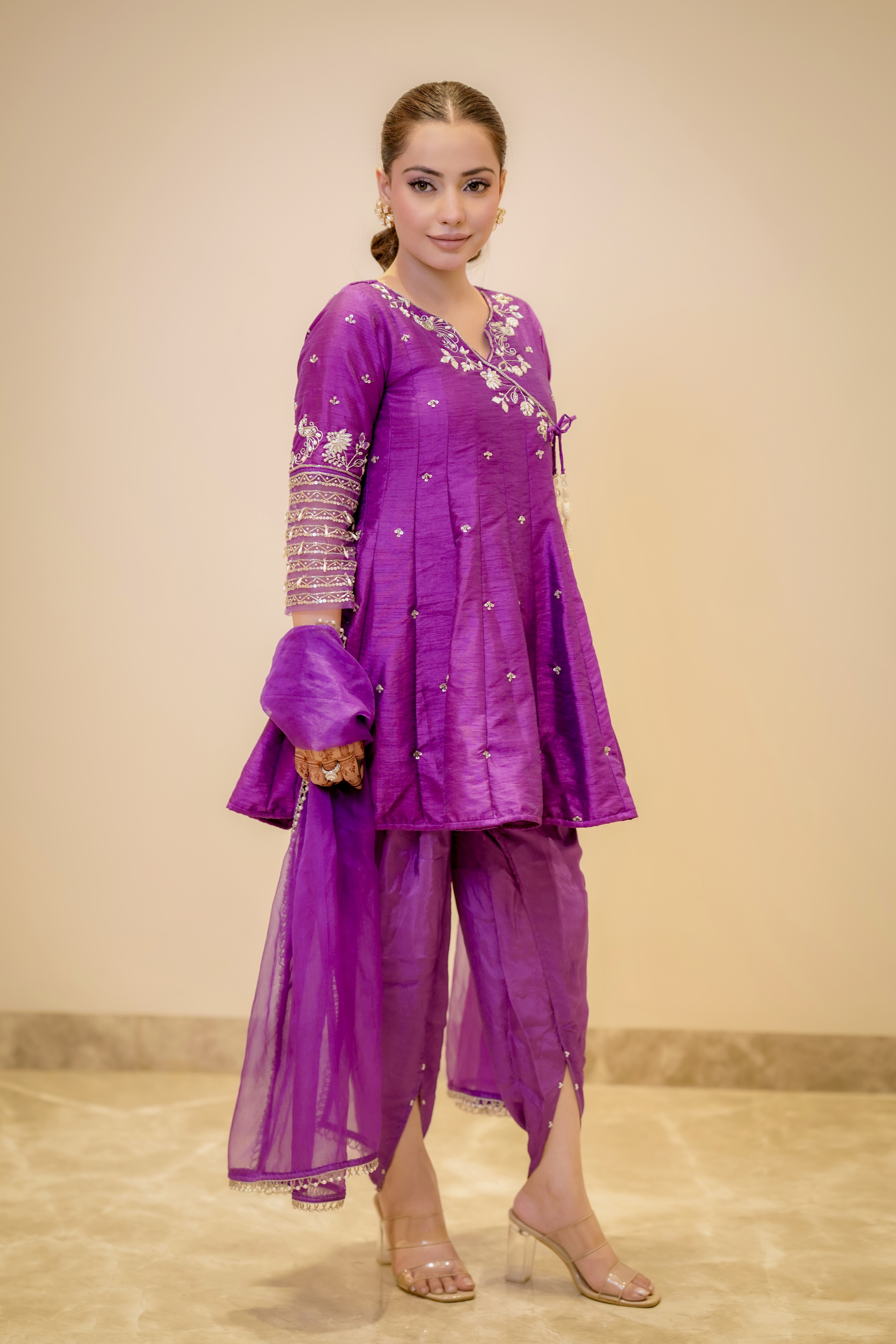 Short Purple Anarkali with Dhoti & Dupatta